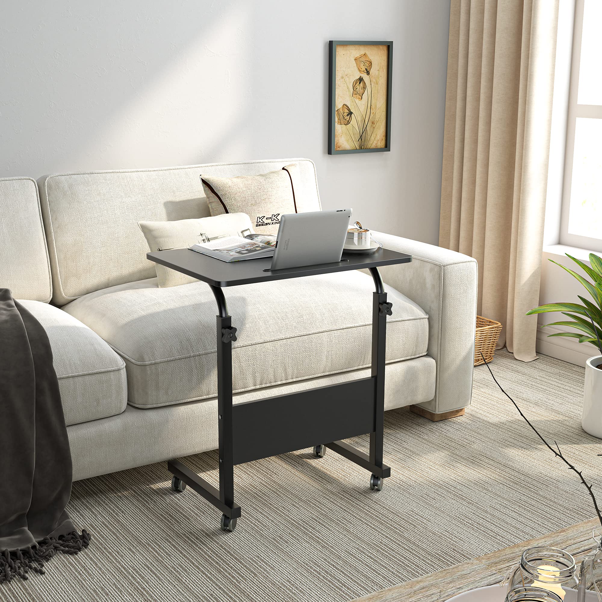 Soges Rolling Laptop Desk Cart Height Adjustable, 23.6 Inches Mobile Sofa Side Table With Tablet Slot, Portable Standing Laptop