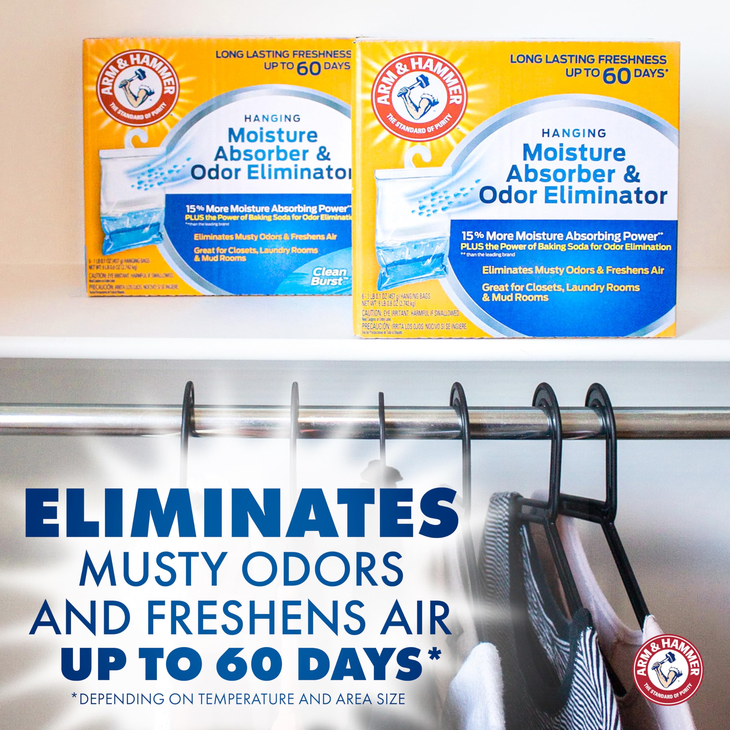 Arm & Hammer Hanging Moisture Absorber And Odor Eliminator, 16.1 Oz., 6 Pack, Clean Burst, Moisture Absorbers For Closet And Sma