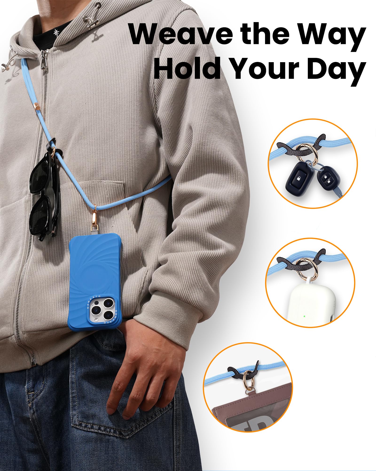 Ornarto Adjustable Phone Lanyard - Crossbody & Wrist Strap, Durable & Skin-Friendly, Universal Fit For All Phones, Blue