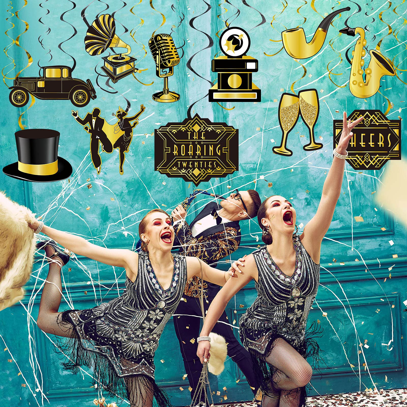 30 Pieces Roaring 20S Swirls Party Decorations, Black Gold Birthday Party Hanging Spirals Streamer Retro Decor For Anniversary B