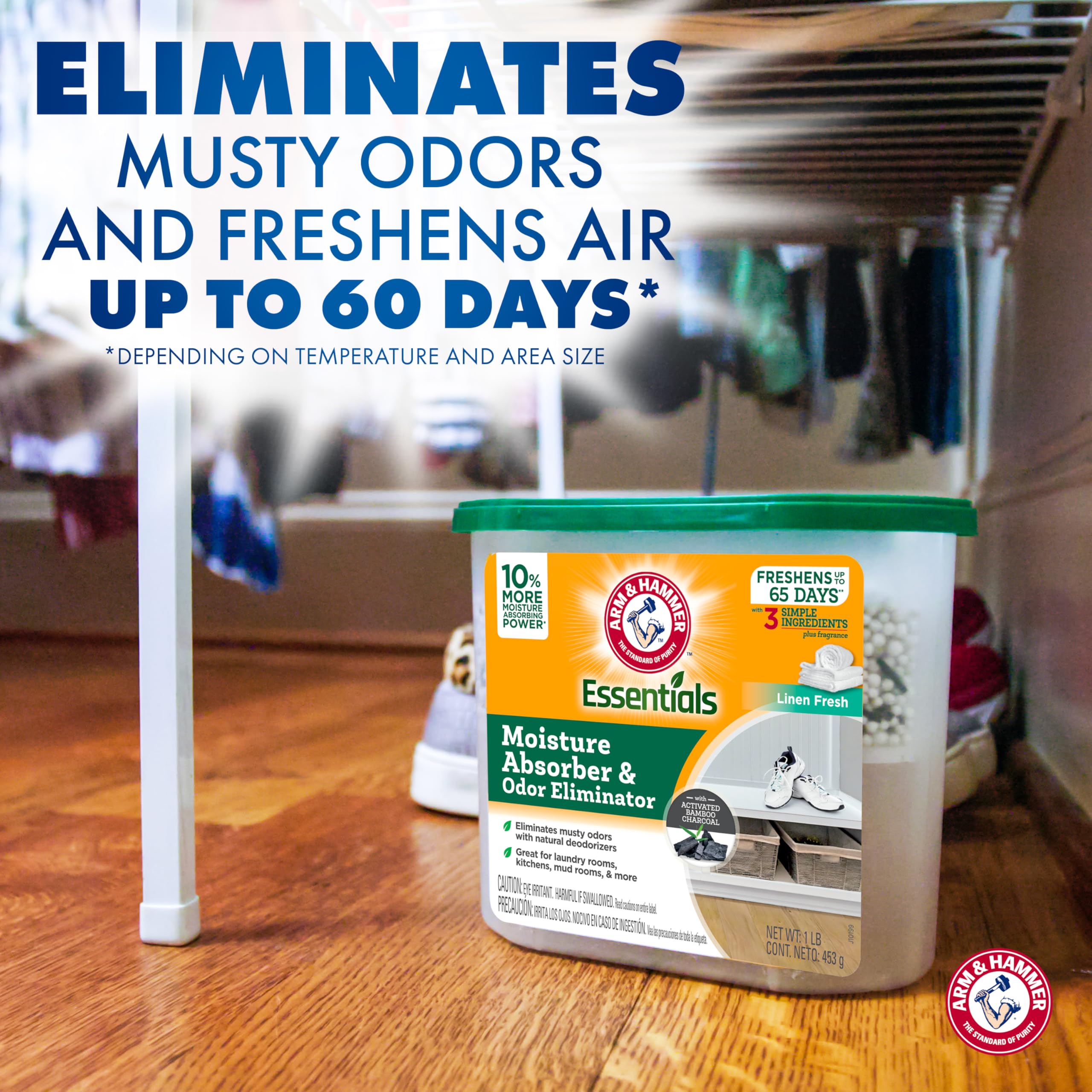 Arm & Hammer Essentials Disposable Moisture Absorber And Odor Eliminator Tub, Linen Fresh, 1 Lb., 3-Pack, Attracts And Traps Exc