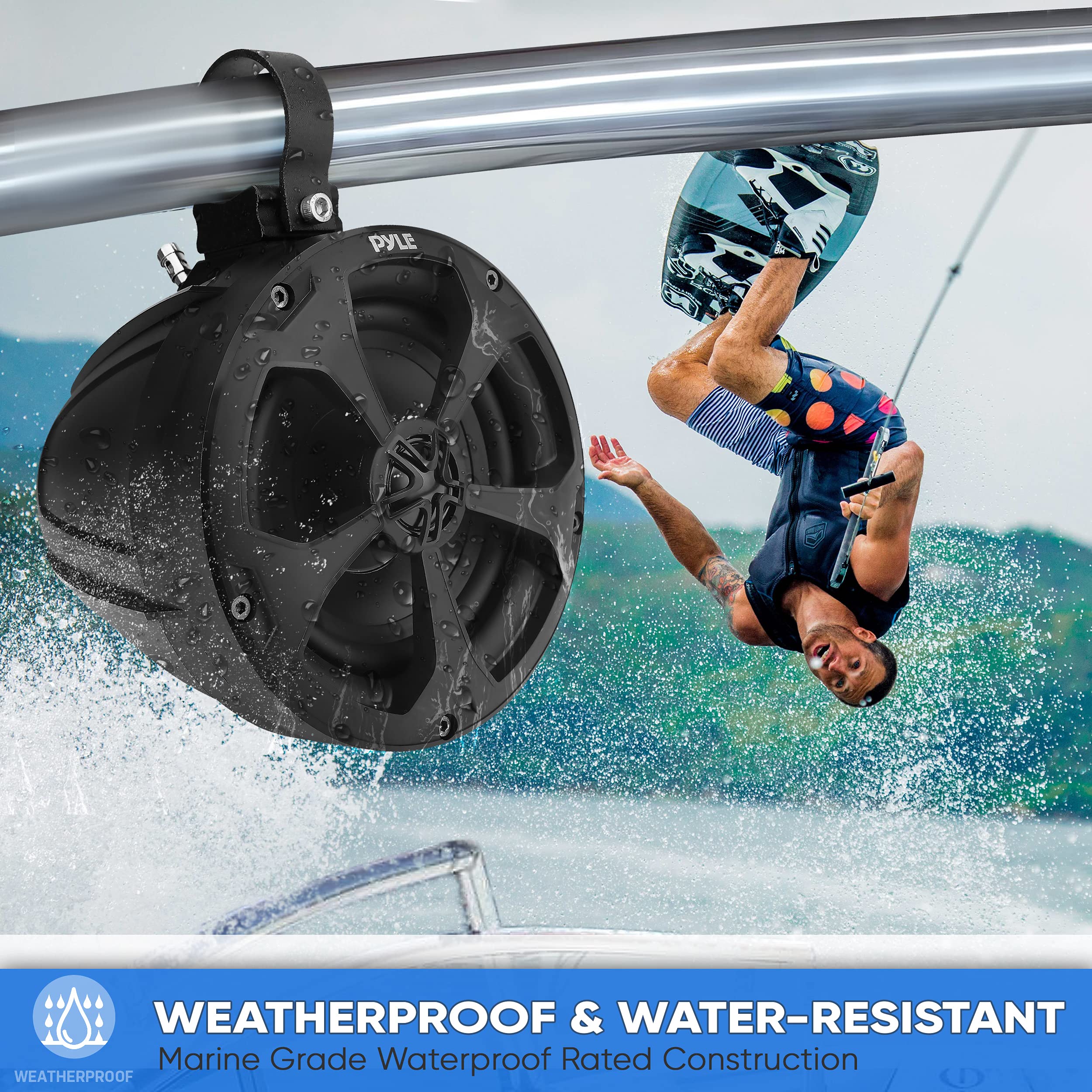 Pyle Waterproof Off-Road Speakers With Amplifier - 5.25 Inch 1000W 2-Channel Marine Grade Wakeboard Tower Speakers System Full R