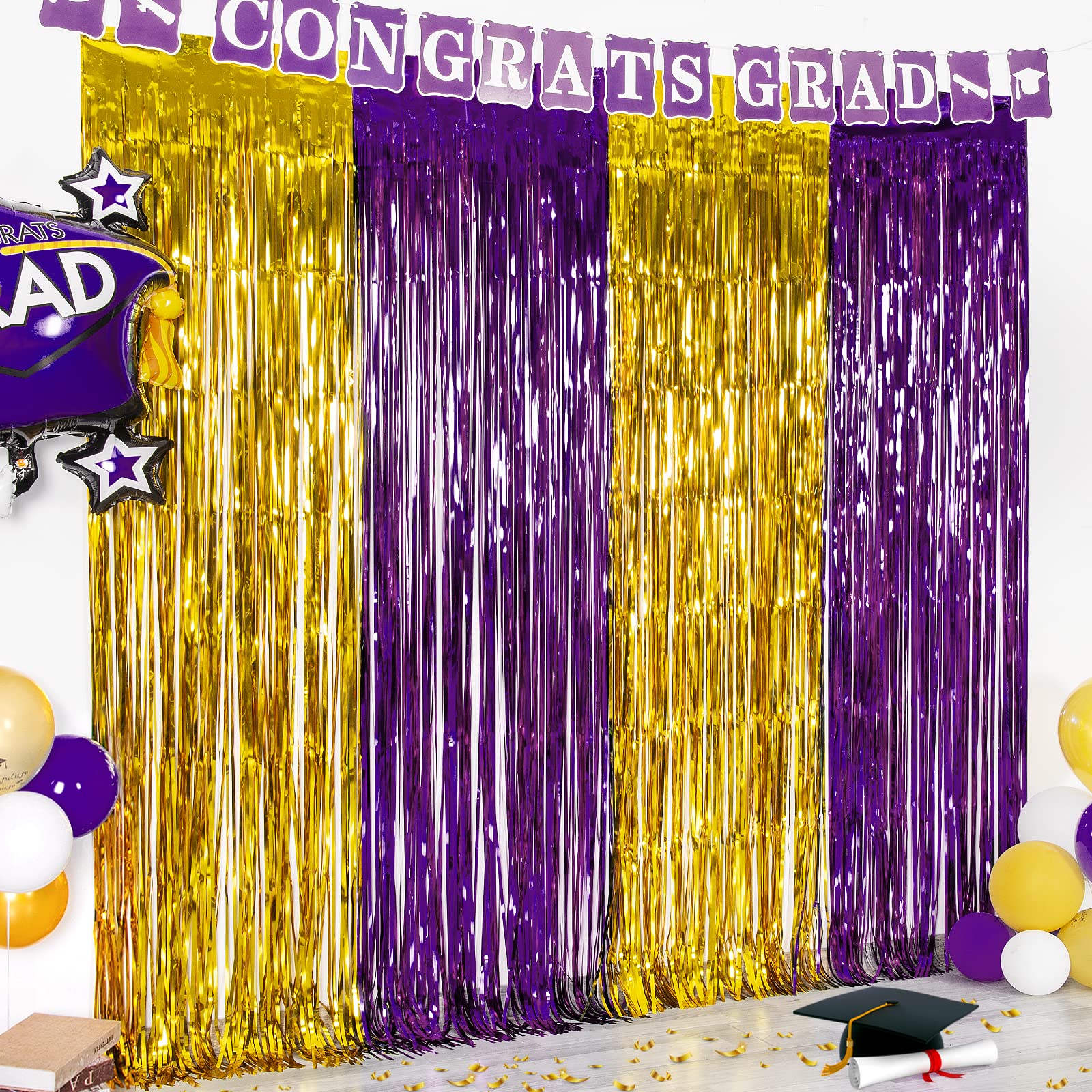 Lolstar 2 Pack Purple And Gold 2024 Graduation Party Decorations, 3.3X6.6 Ft Foil Fringe Curtain, Tinsel Graduation Photo Booth