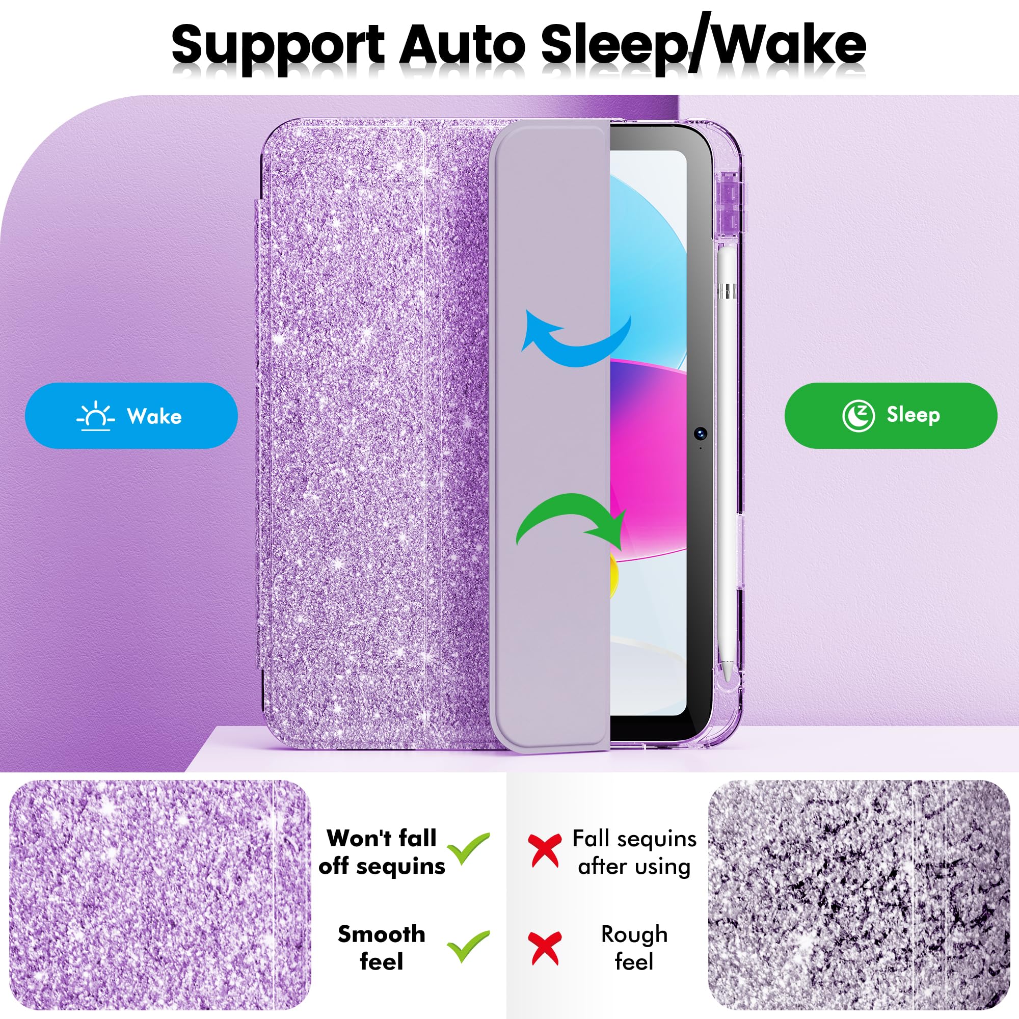 Infiland Compatible With Ipad 10Th Generation Case, Ipad Case 10Th Generation 10.9 Inch, Glitter Leather Cover With Sparkly Crystal Clear Back, Pencil Holder, Anti Yellowing,Purple