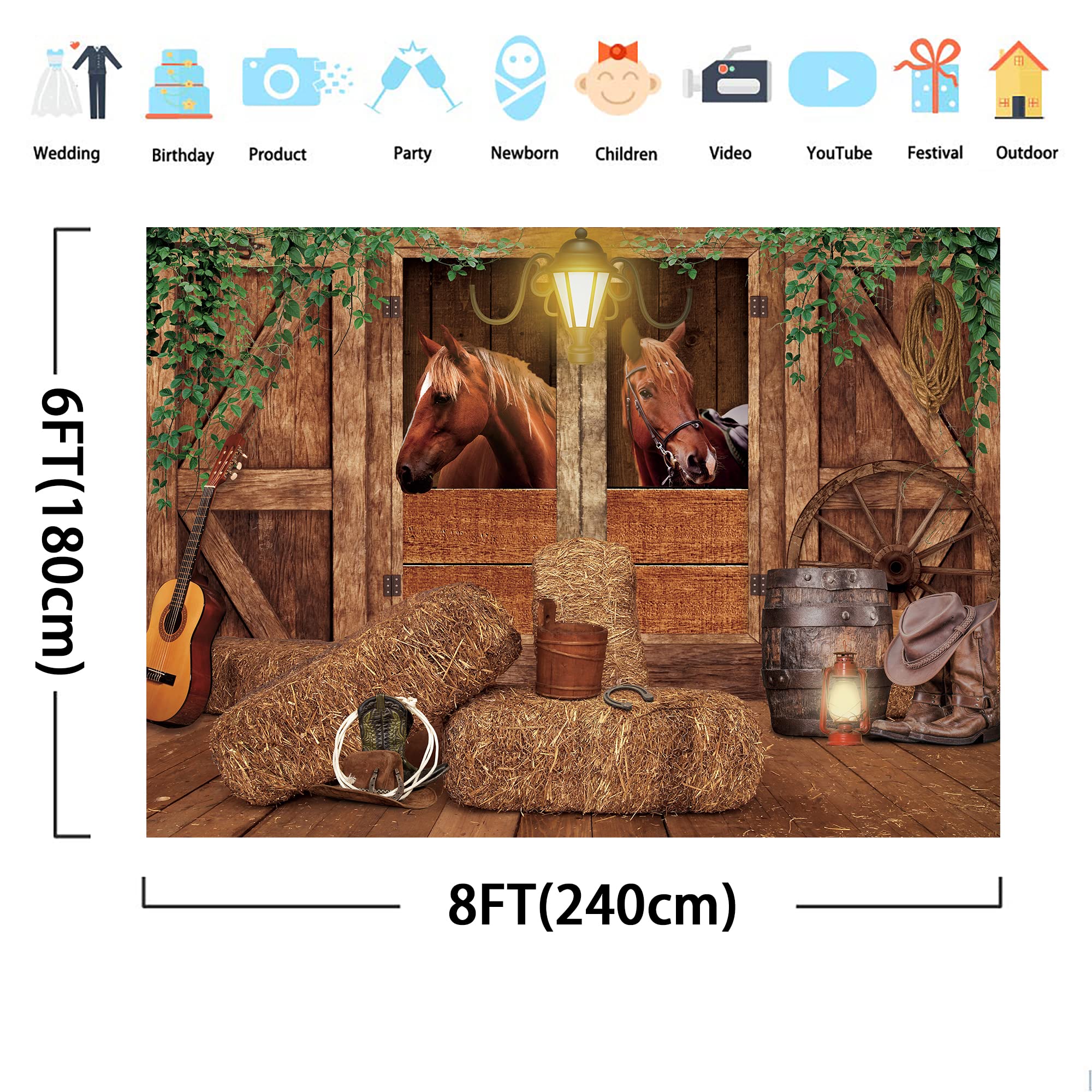 Svbright Stable Western Backdrop 8Wx6H Farmhouse Brown Wood Barn Door Green Leaves Cowboy Horse Old Wheels Light Guitar Wild Wes