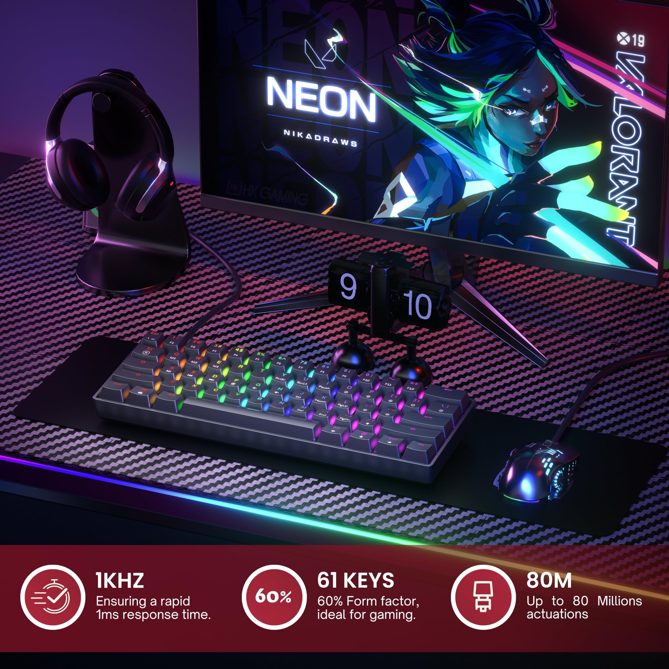 Hk Gaming Gk61 Se 60% | Mechanical Gaming Keyboard | 61 Keys Multi Color Rgb Led Backlit For Pc/Mac Gamer | Us Layout (Black, Me