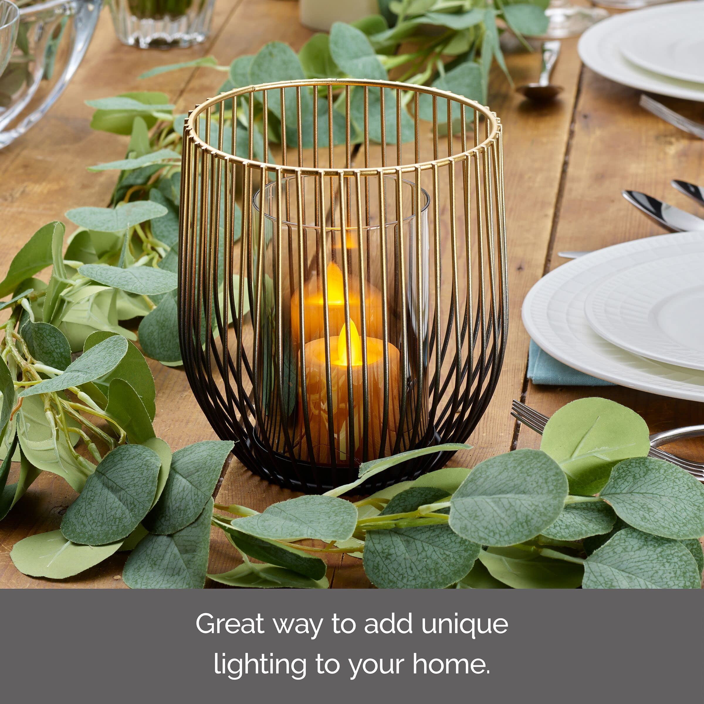 Elements 6.1X6.1X6.89 Inch Gold And Black Wire With Clear Glass Candleholder, For Use With Wax Or Flameless Candle