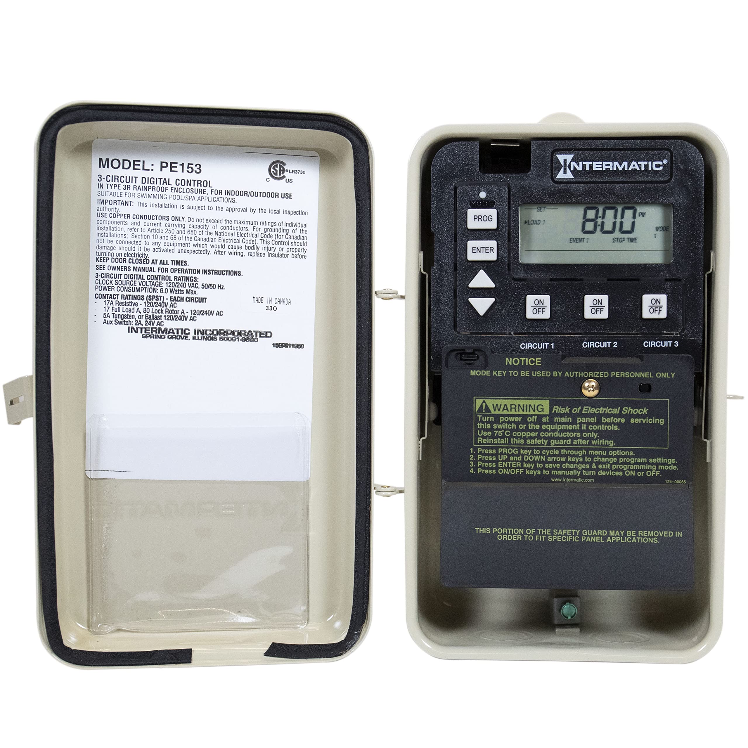Intermatic Pe153 24 Hour Electronic Time Control   Multi Circuit Pool And Spa Timer With Countdown, Override, And Versatile Programming   Freeze And Heater Protection, Lcd Readout