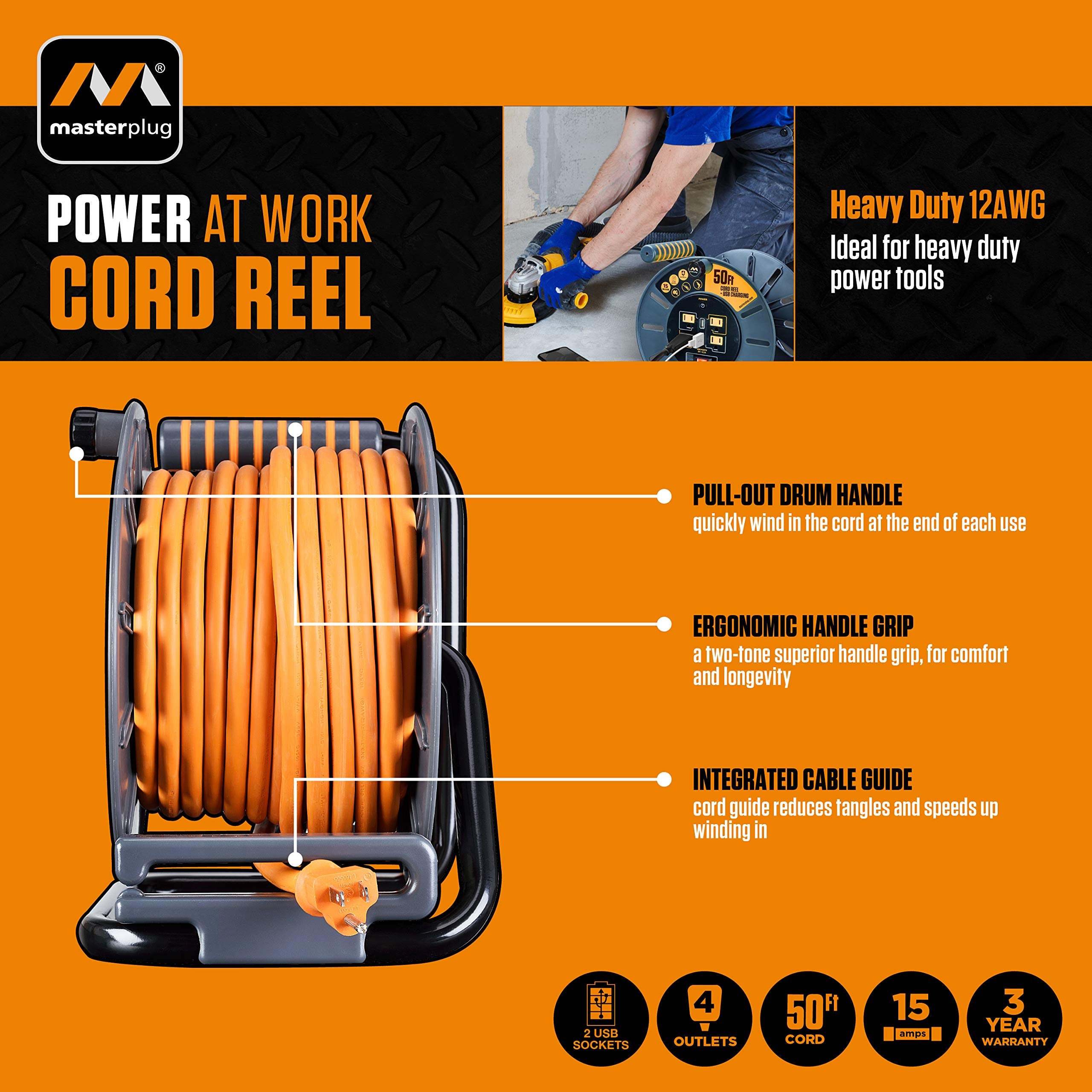 Masterplug 50Ft Cord Reel, Retractable Extension Lead With Winding Handle, Safety Overload Circuit Breaker And Power Switch, 4X