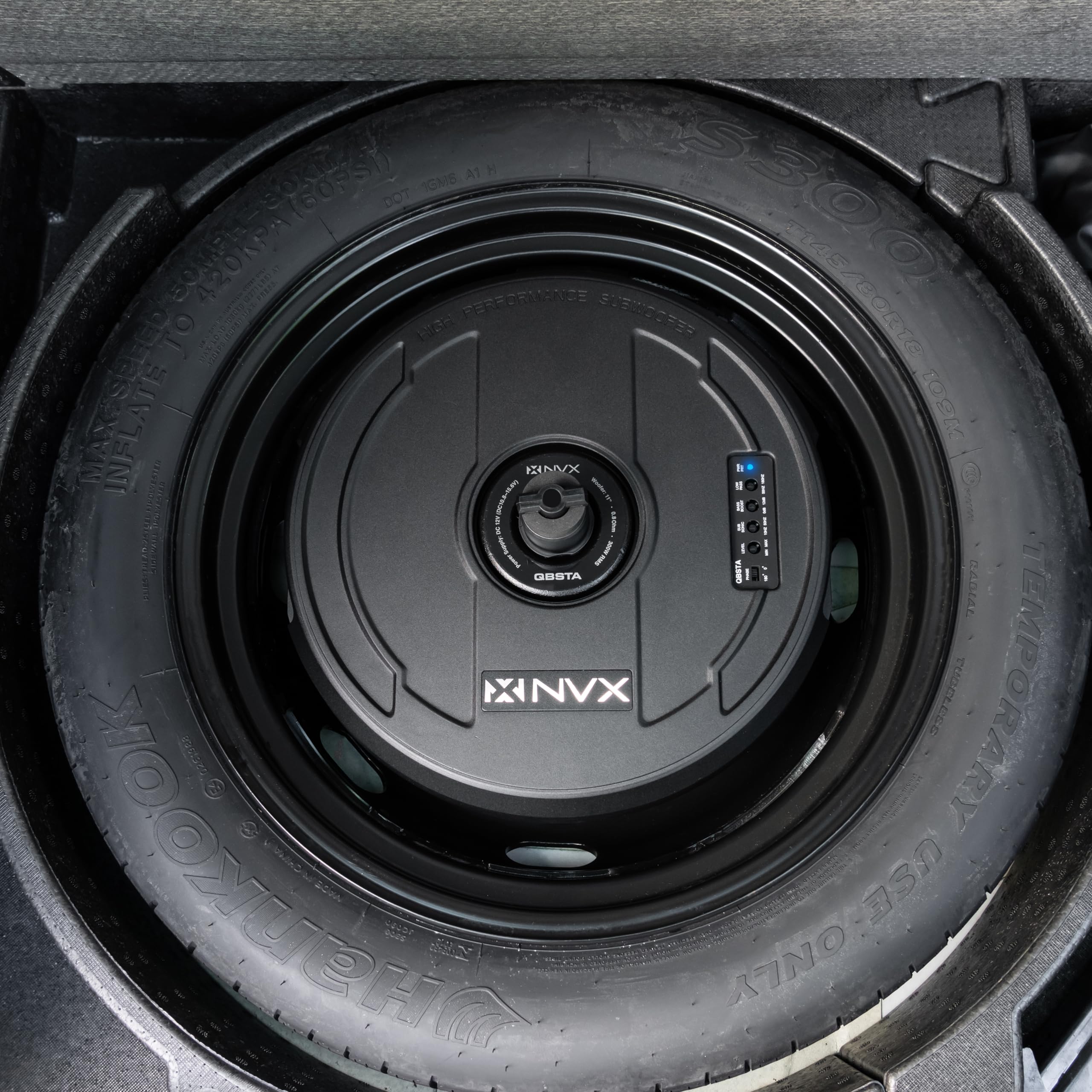 Nvx Qbsta 900W Max (300W Rms) 11'' Powered Spare Tire Subwoofer Box With Built In Amp And Remote Bass Knob, Easy To Install In C