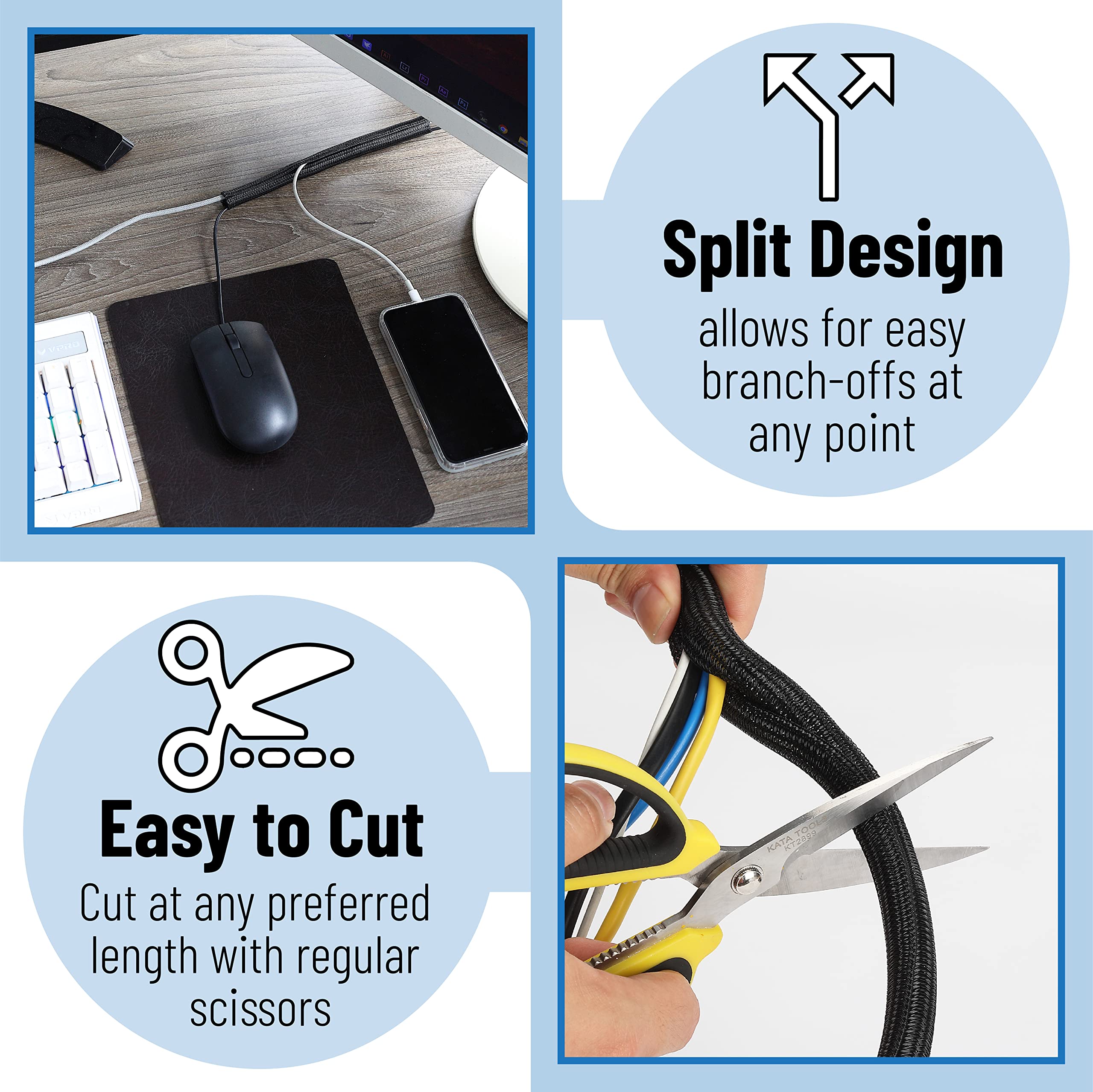 Bates  Cable Sleeves, 1/2 Inch 10Ft Long, Split Sleeve Wire Loom Tubing, Cable Management Sleeve, Cable Wrap, Wire Wrap, Wire Sl