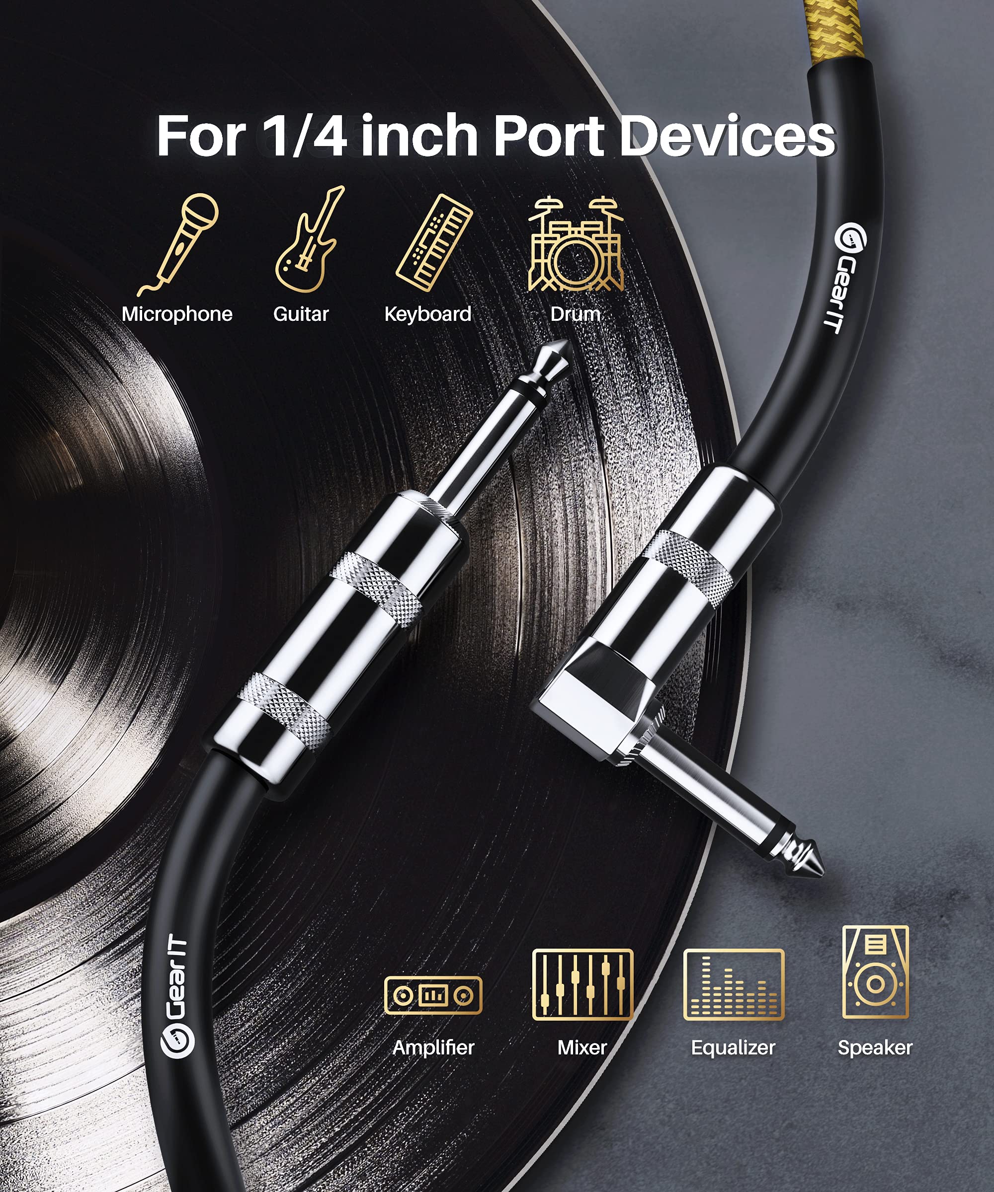 Gearit Audio Instrument Cable (10Ft) Right Angle To Straight 1/4 Inch Male To Male For Amp Cord, Base And Electric Guitar   Brow