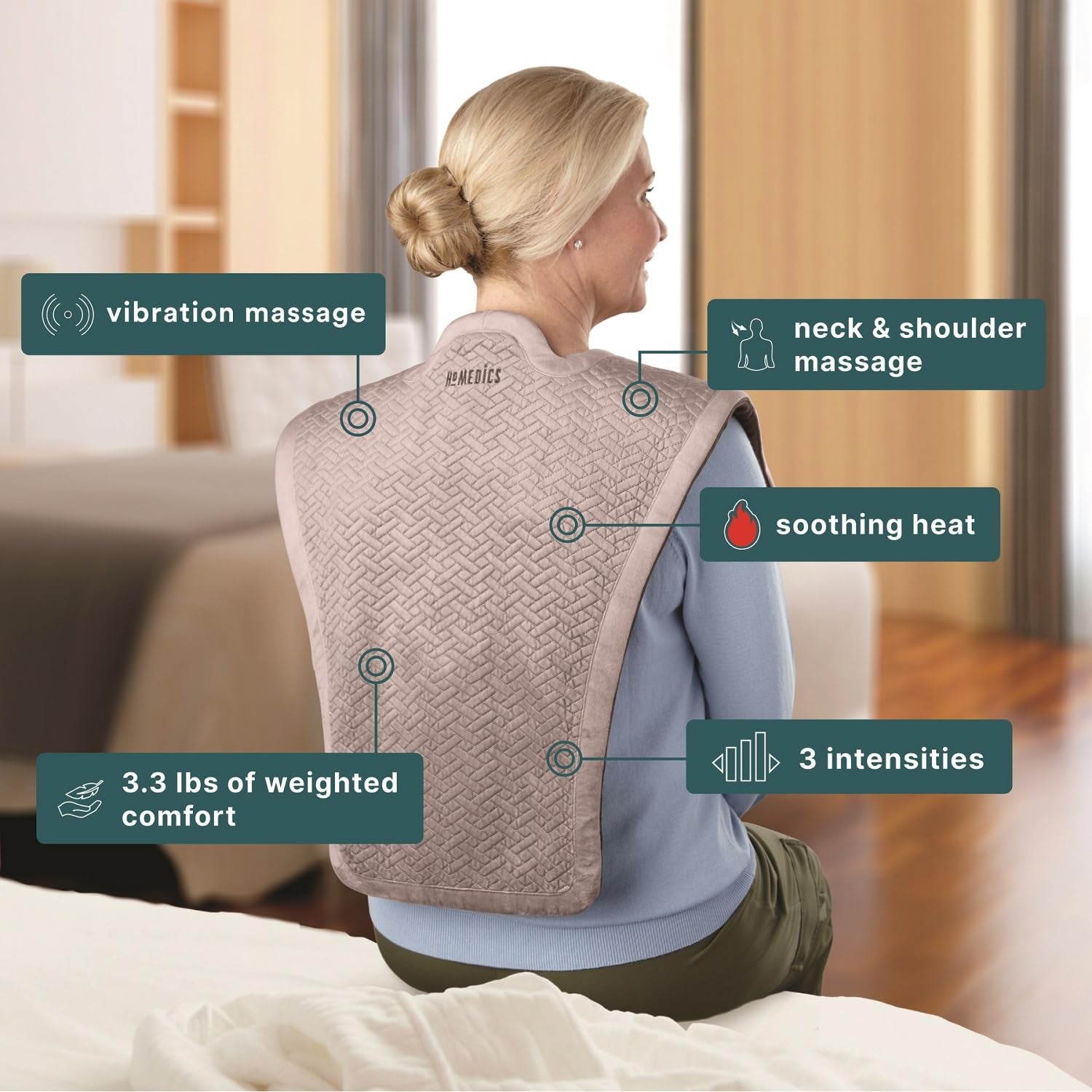 Homedics Vibration Heated Shoulder Massager Wrap, Comfort Pro Elite, Soft Fabric, Tension Relief, 2 Speeds & Styles, Long, Nms 4