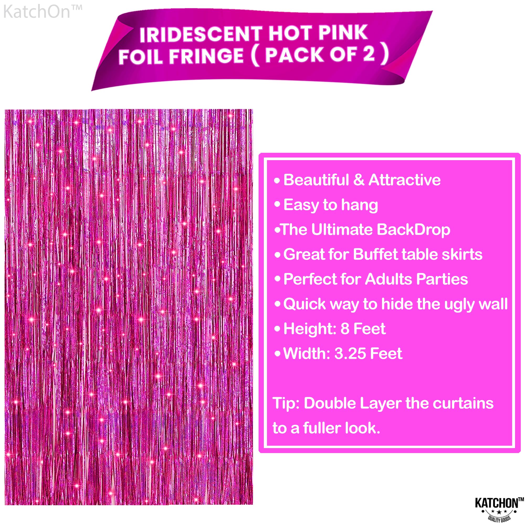 Katchon, Iridescent Hot Pink Backdrop Curtain   Large 3.2X8 Feet, Pack Of 2 | Pink Backdrop Fringe Curtain For Pink Birthday Dec