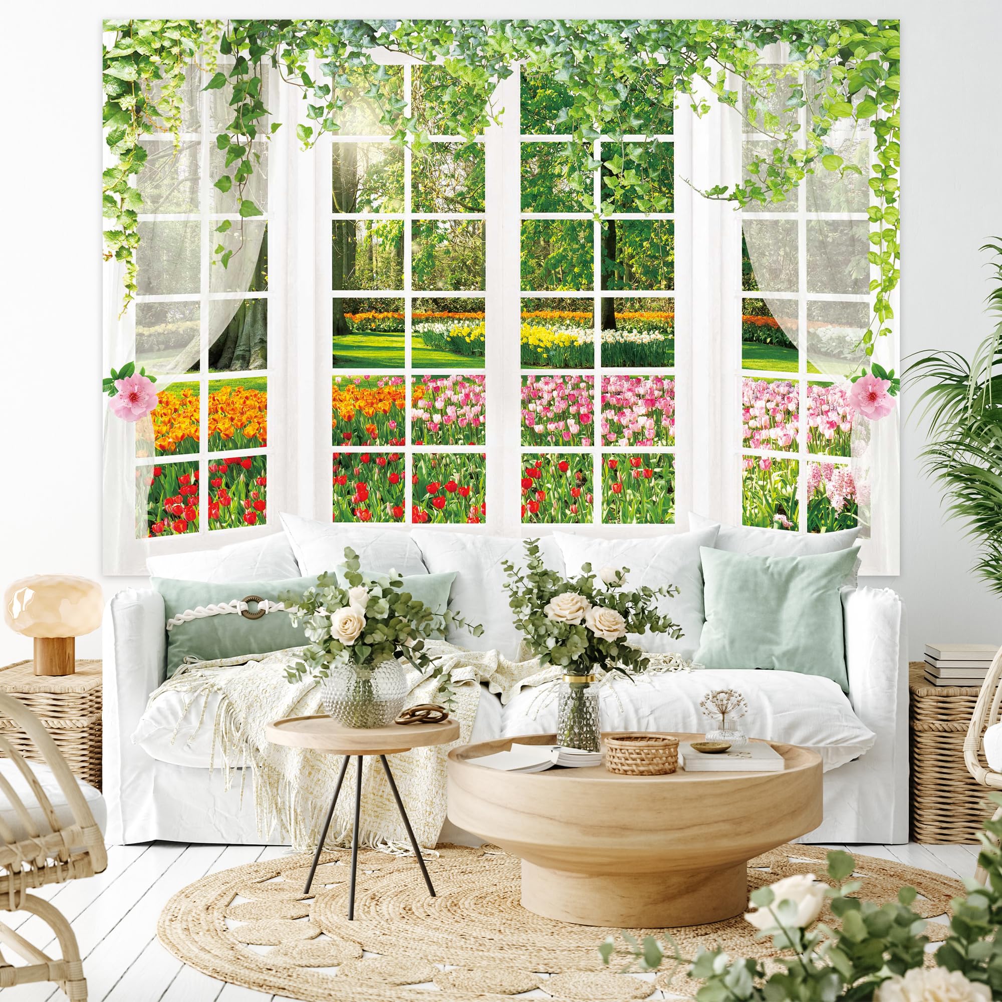 Hilioens 7  5Ft Spring Window Backdrop White Windowsill Floral Scenery Photography Background Forest Green Grass Natural Newborn