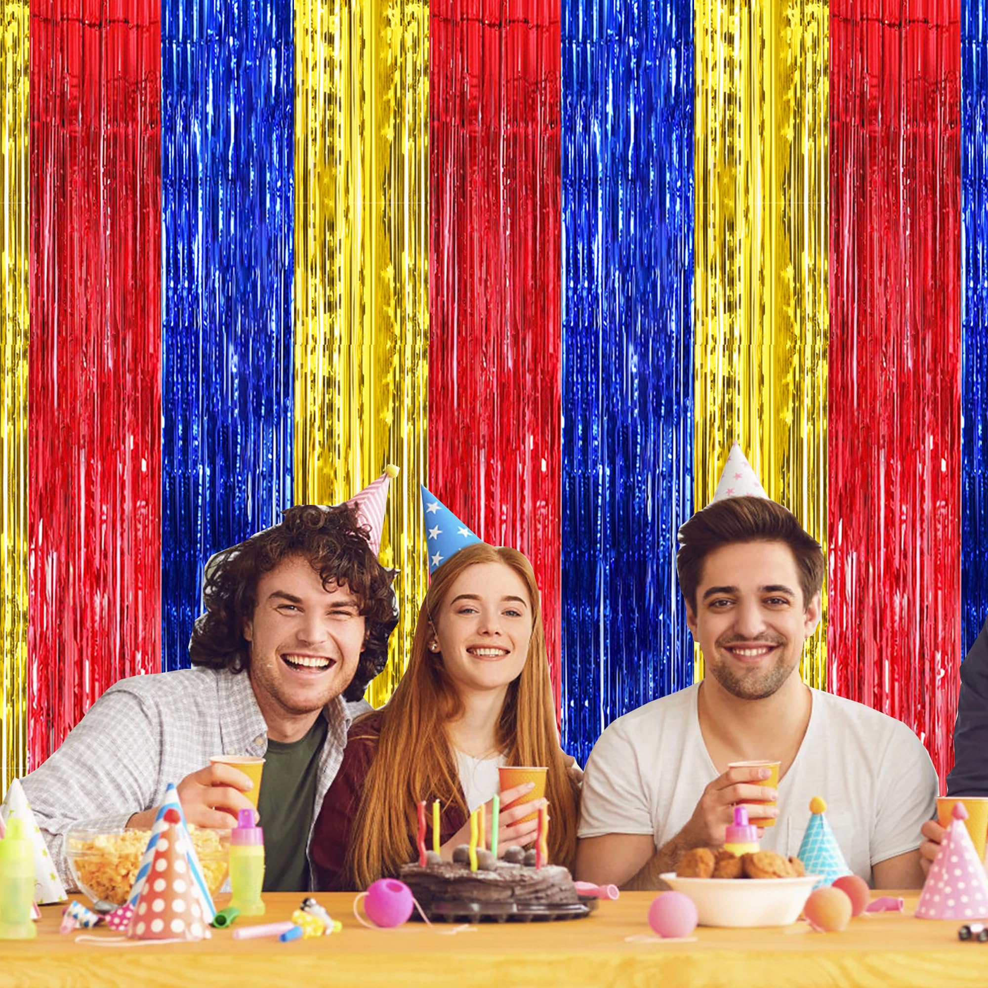 Beishida 3 Pcs Red Blue Gold Door Streamers Curtain Birthday Party Streamers Backdrop Happy Birthday Party Wall Background For P