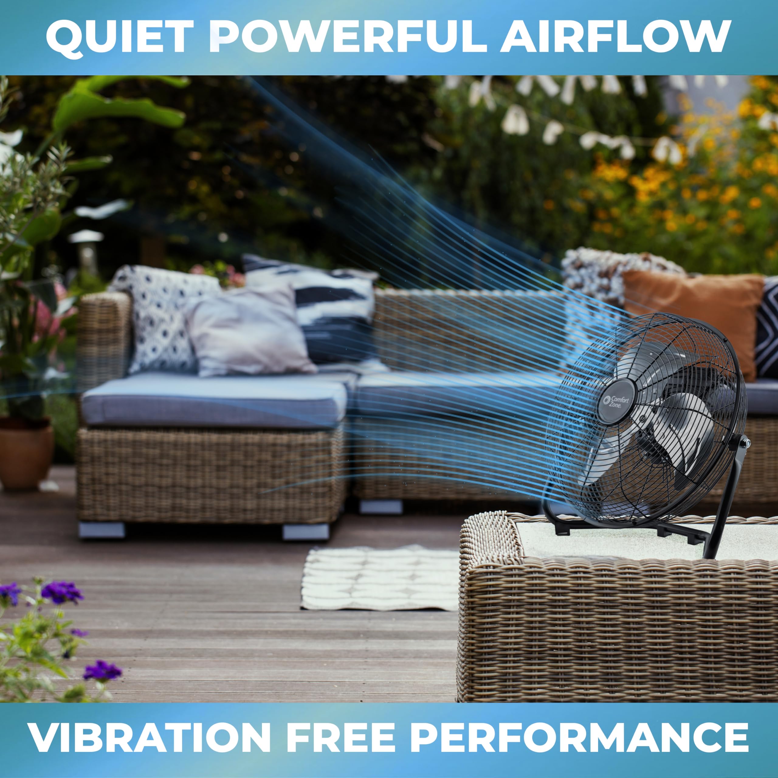 Comfort Zone Cradle Floor Fan, 12 Inch, 3 Speed, High Velocity, 180 Degree Adjustable Tilt, All-Metal, Carry Handle, Rubber Feet