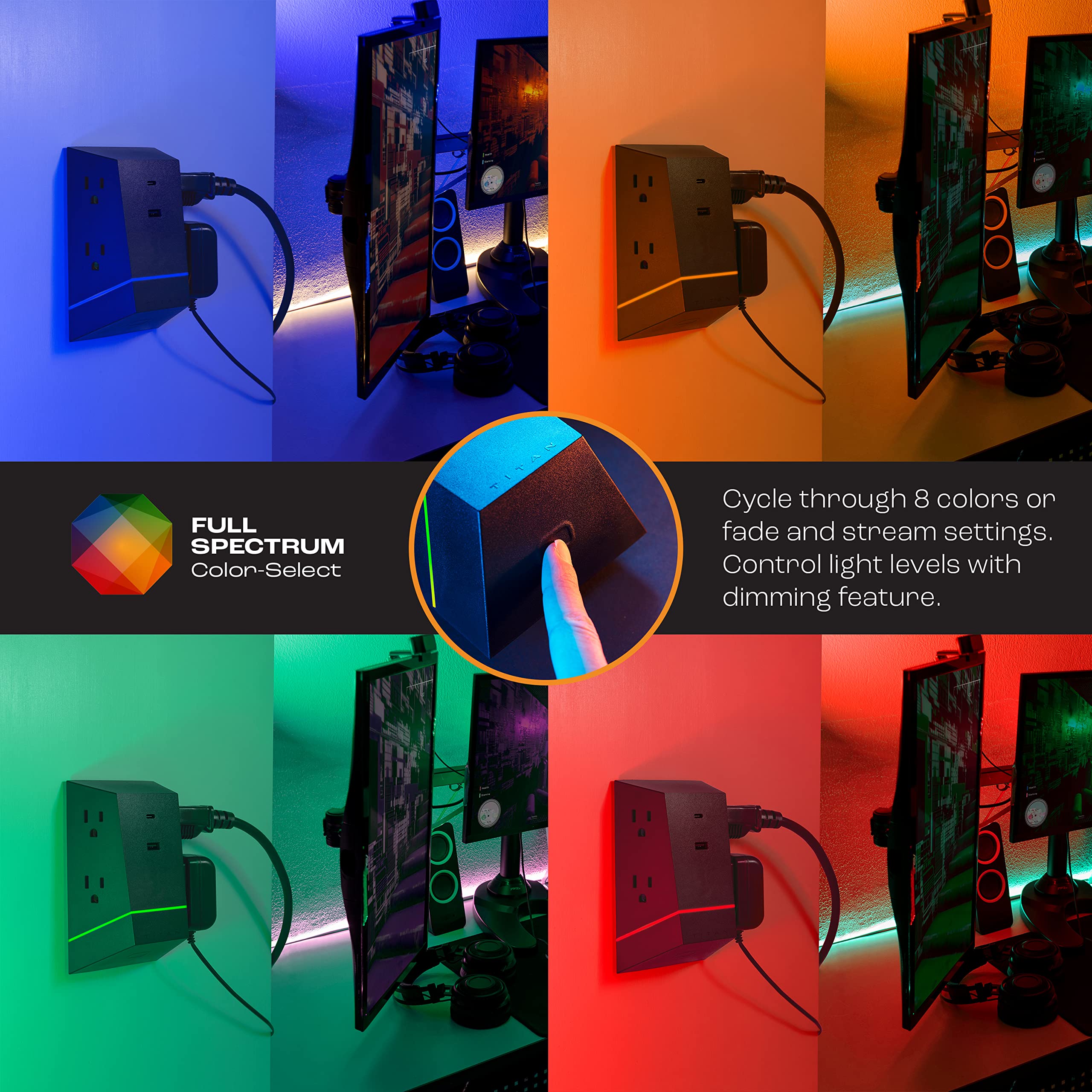 Titan 4 Outlet Surge Protector, Led Full Spectrum Color Select, Outlet Extender, Usb A/Usb C, Compatible With Power Gaming Pc, L