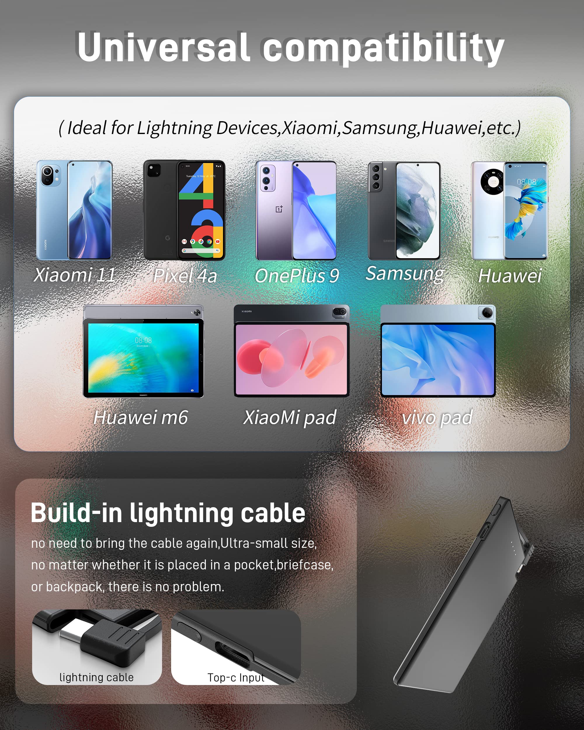 Tntor Portable Charger With Built In Usb C Cable, 3500Mah Ultra Slim External Battery Pack With Smart Powercord, Fast Charging P