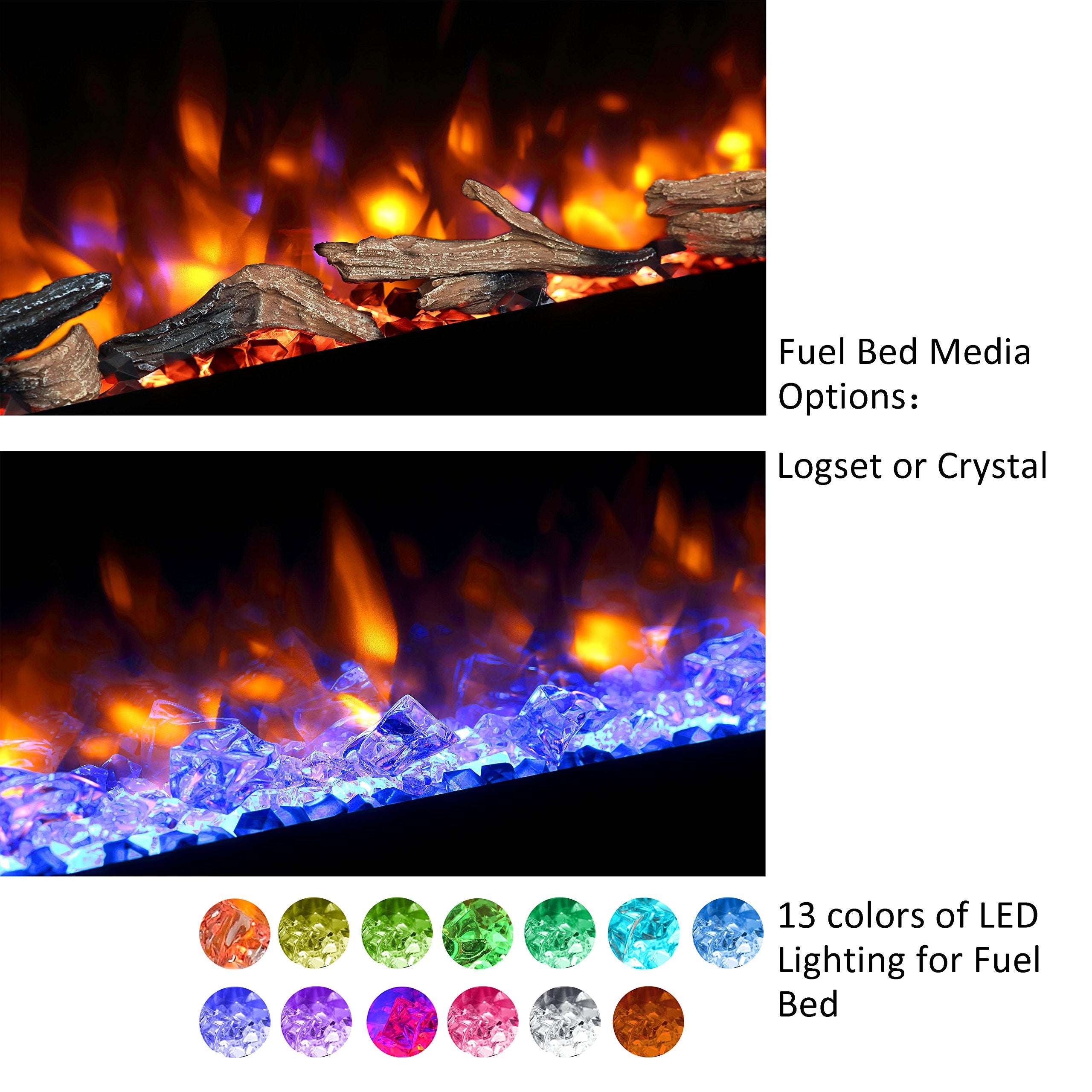 Puraflame Alice 36 Inches Recessed Electric Fireplace, Flush Mounted For 2 X 6 Stud, Log Set & Crystal, 1500W Heater, Black