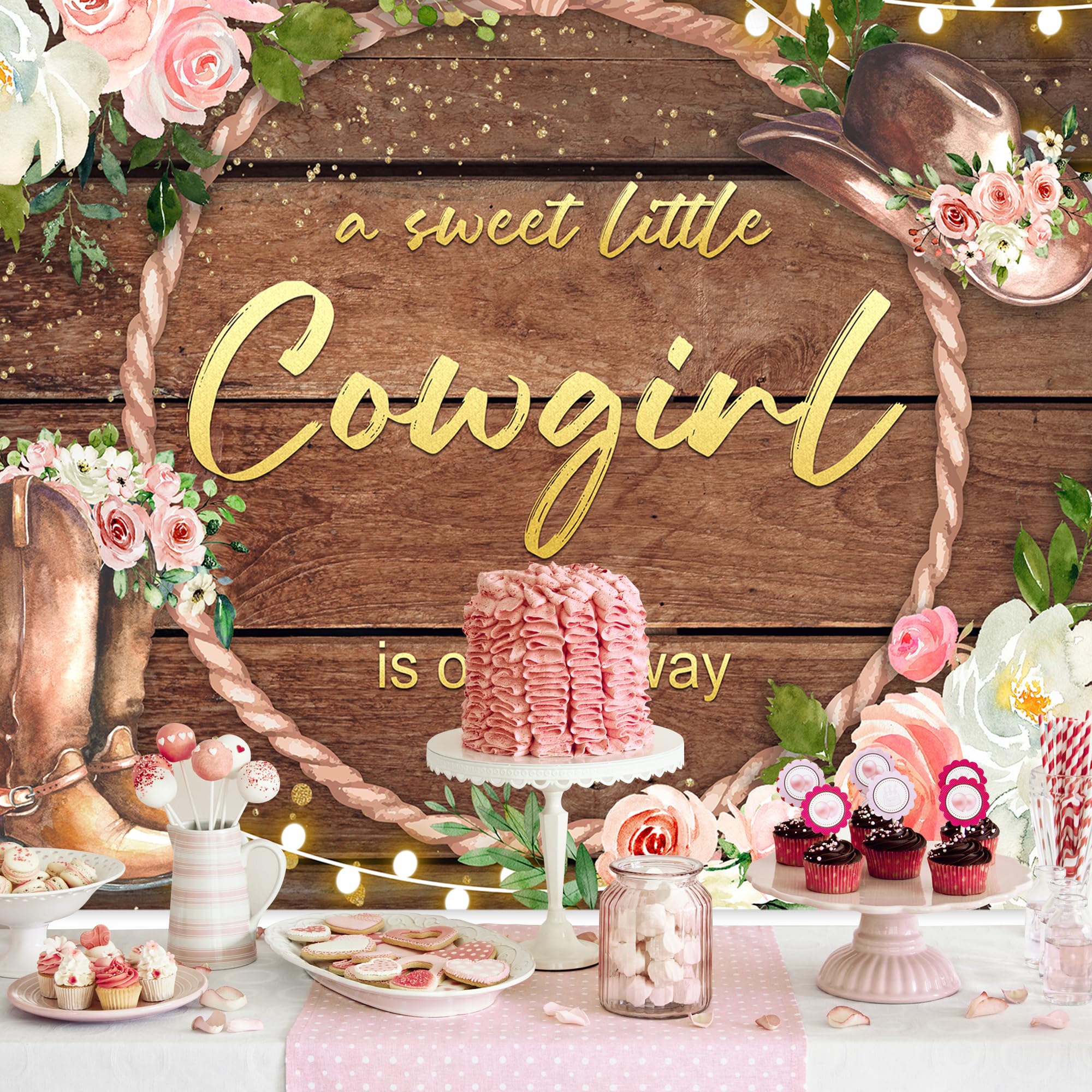 Svbright Western Cowgirl Baby Shower Backdrop 7Wx5H Rustic Country Rural Wood Board Plank Pink Floral Retro Bohemian Hat Plant B