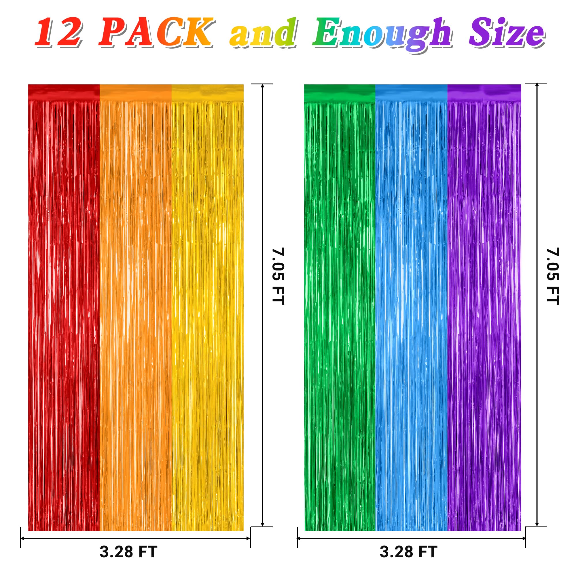 12 Pack Rainbow Backdrop, 3.28 Ft X 7.05 Ft Pride Decorations, Metallic Fringe Curtains Party Streamer Tinsel Backdrop, Rainbow
