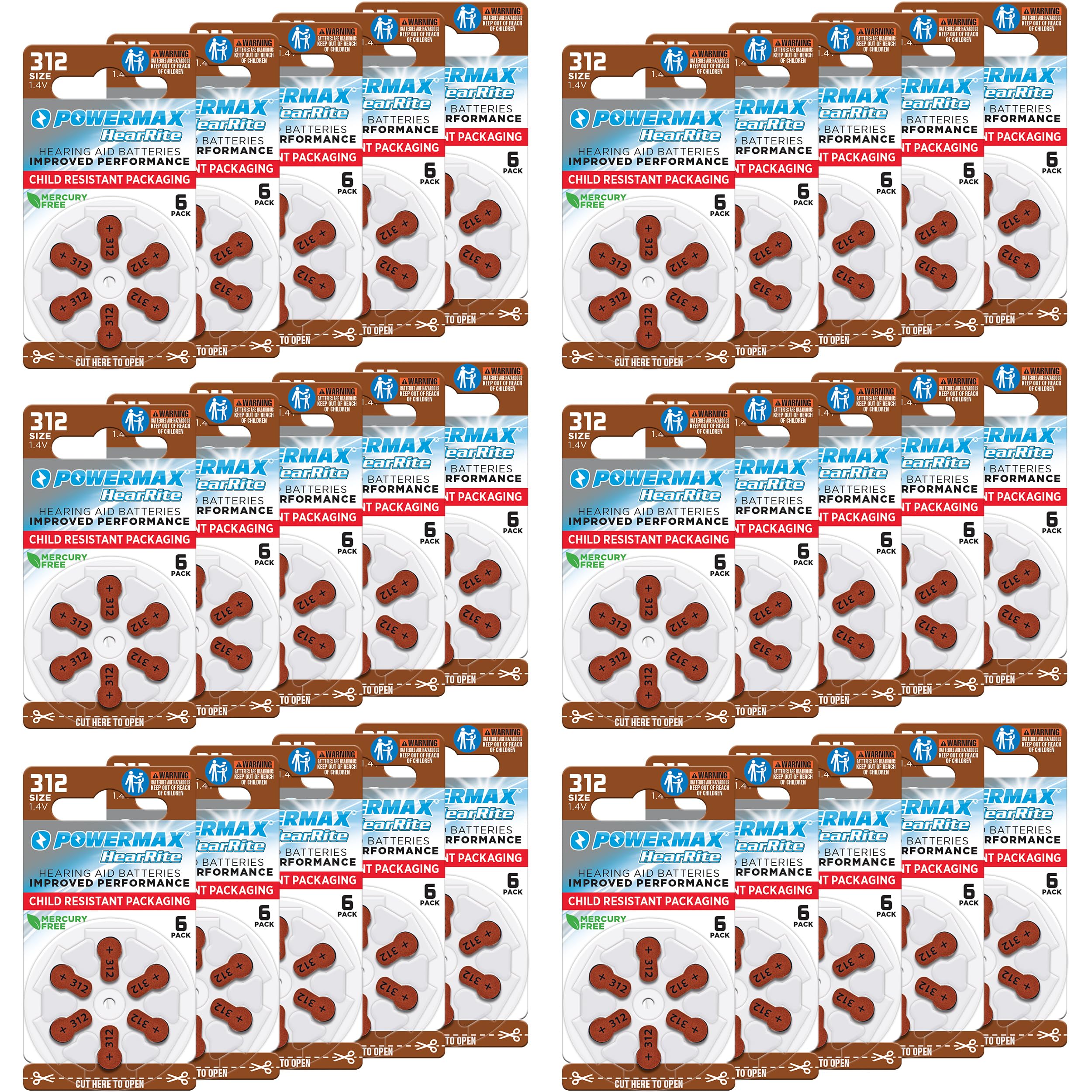 Powermax Size 312 Hearing Aid Batteries, 180 Count Long Lasting Battery Pack, Brown Long Tab For Easy Change