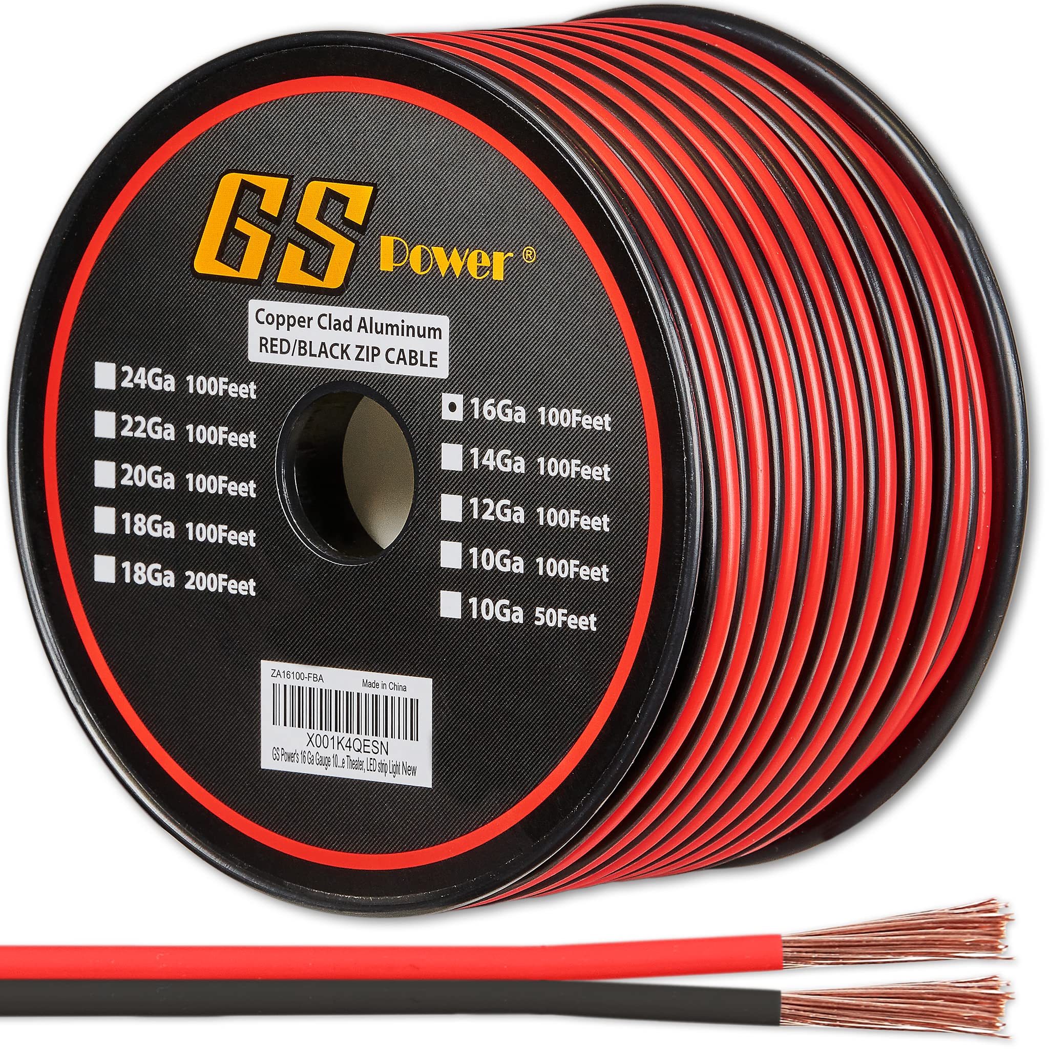 Gs Power 16 Gauge Stranded Copper Clad Aluminum 100Ft Red / 100Ft Black Bonded Zip Cord Wire For 12 Volt Automotive Harness Car Audio Hookup Amplifier Led Light Wiring