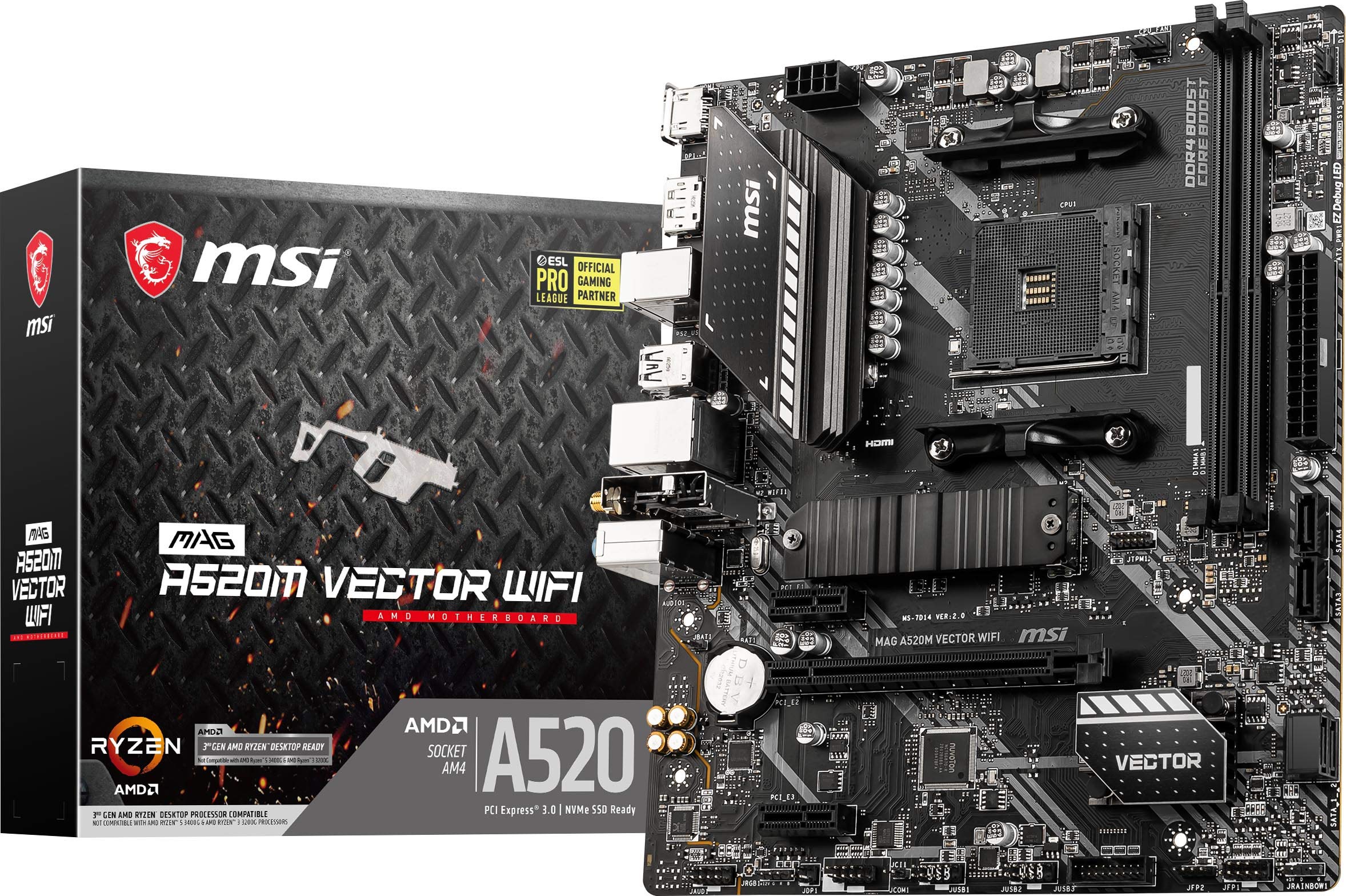 Msi Mag A520M Vector Wifi Gaming Motherboard (Amd Am4, Ddr4, Pcie 3.0, Sata 6Gb/S, 1* M.2, Usb 3.2 Gen 1, Hdmi/Dp, Wifi 5, Micro