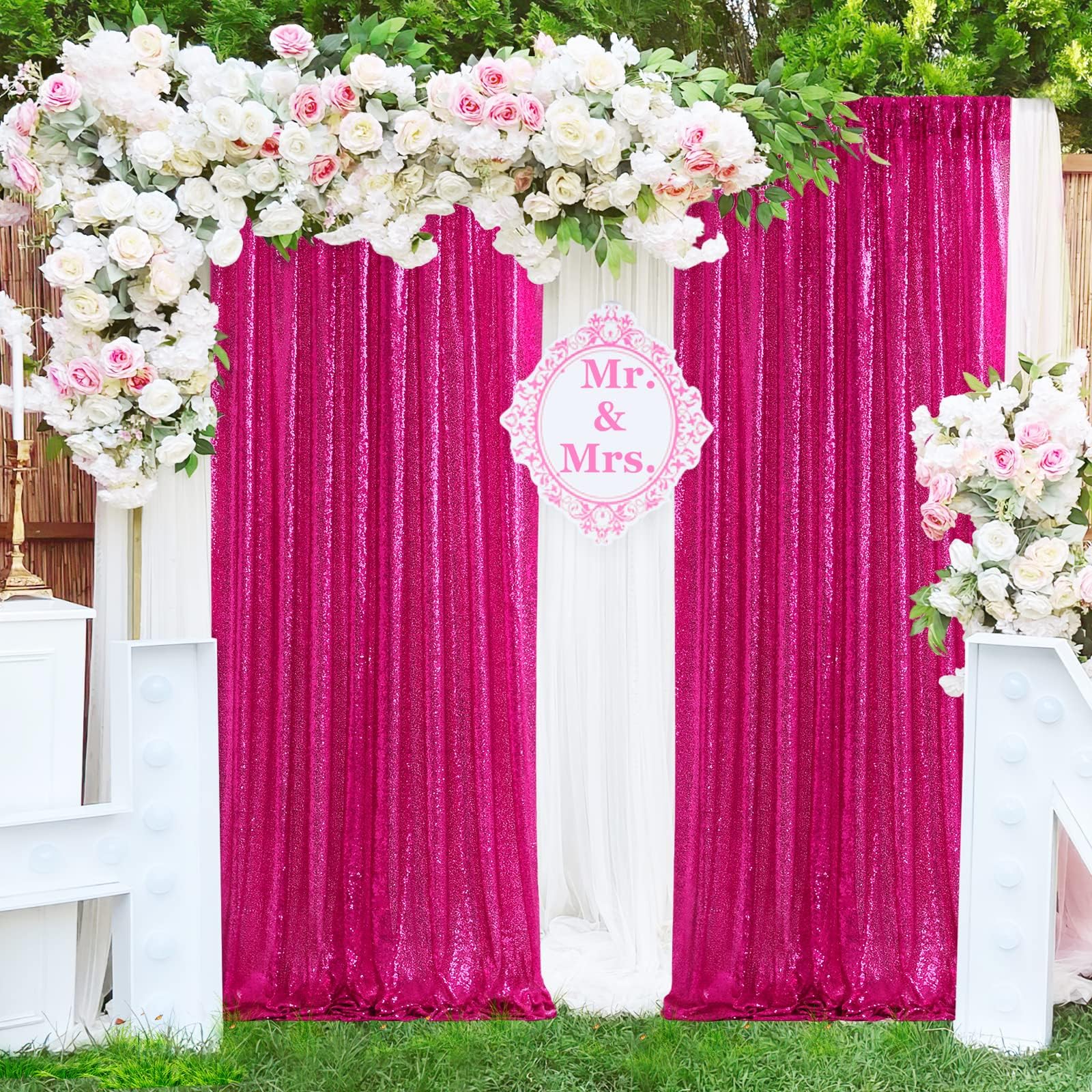 Fuchsia Glitter Sequin Backdrop Curtains 6 Pieces 2Ftx8Ft Dessert Backdrop Wedding Party Decor Glitter Photography Background Ch