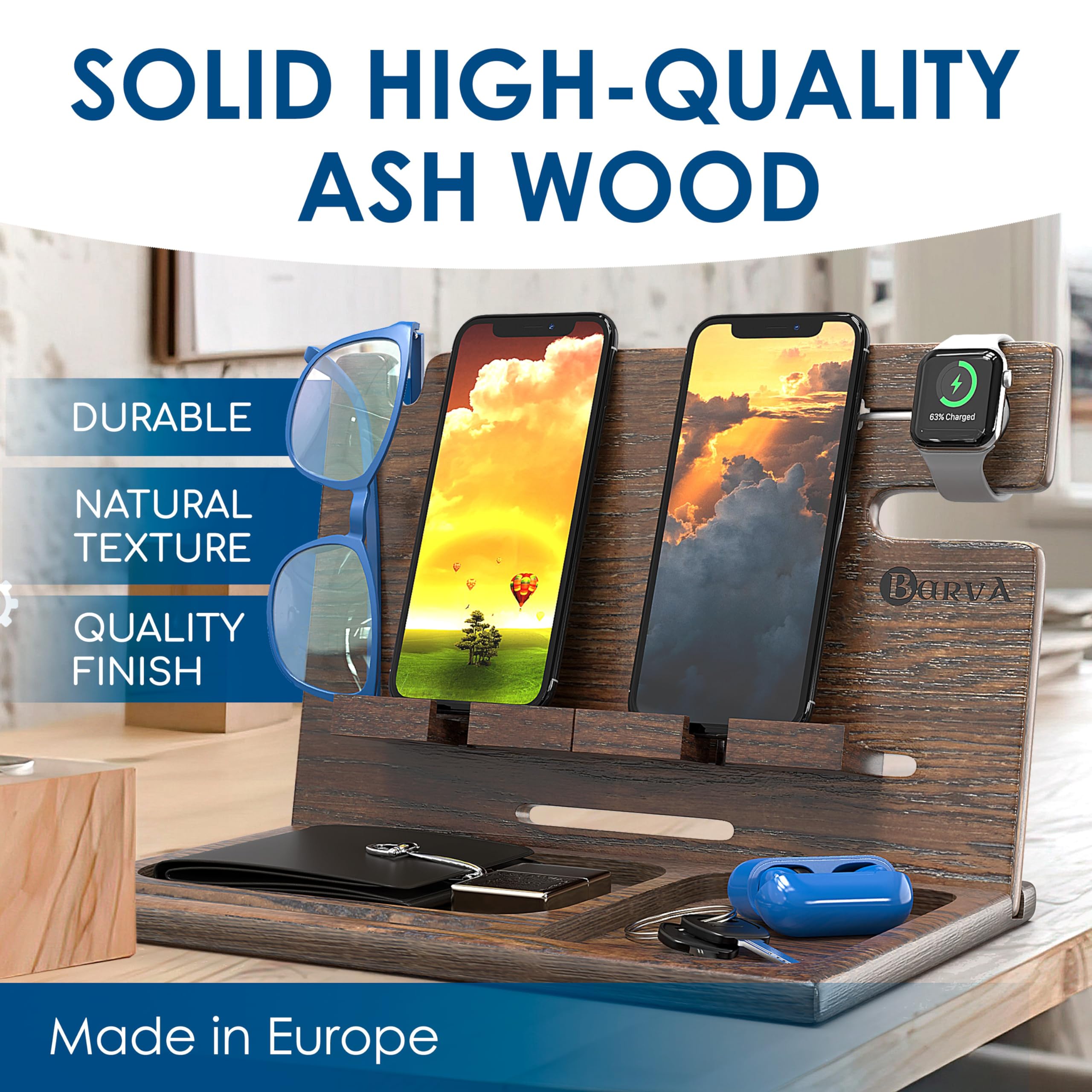 Barva Two Phone Docking Station | Night Stand Desk Organizer | Wood Nightstand Organizer | Tablet Smart Watch Earbuds Charging S