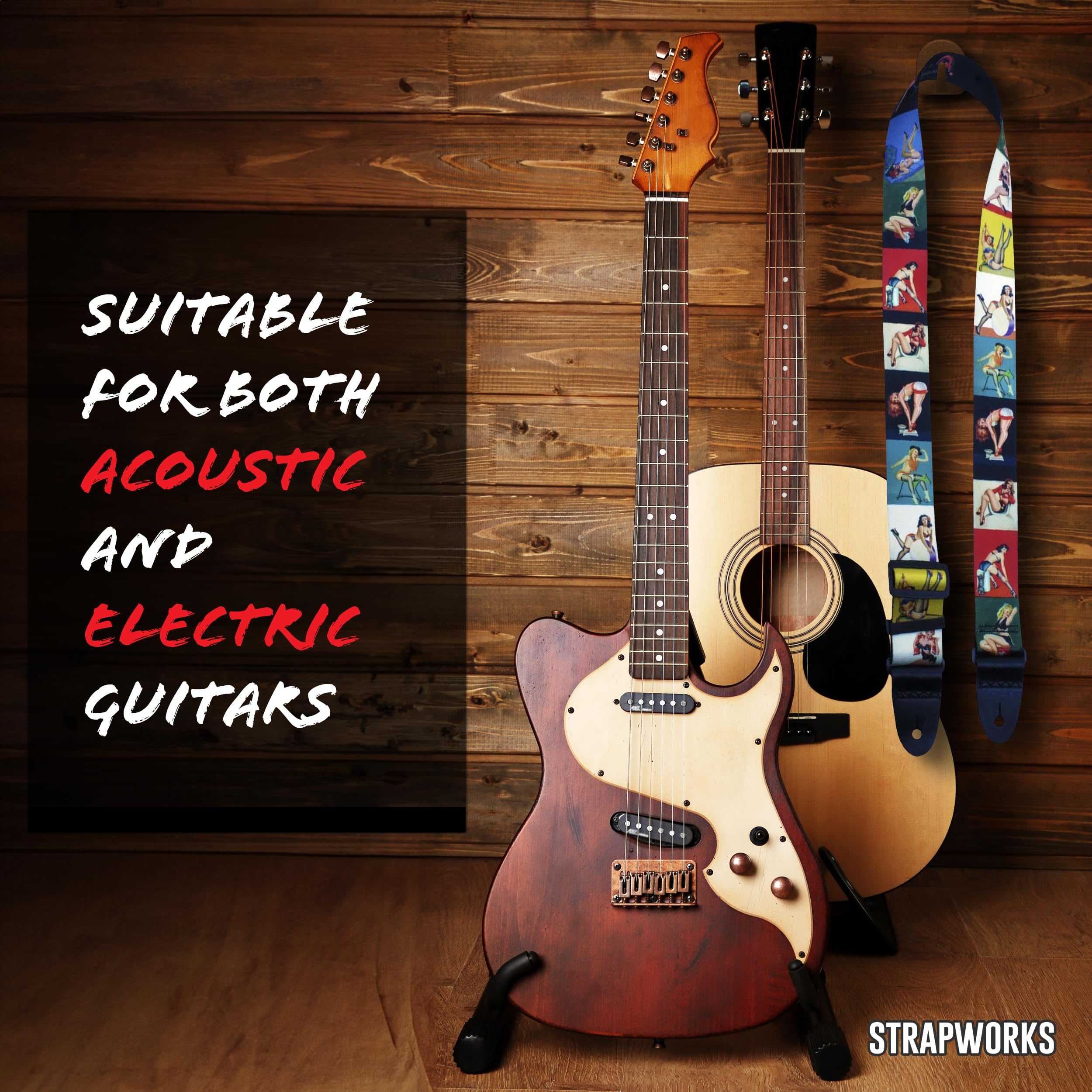 Killer Q Guitar Strap   Stylish Straps For Electric And Acoustic Guitars With Leather Tabs, 2 Inches X 5 Feet, Pin Up Girls