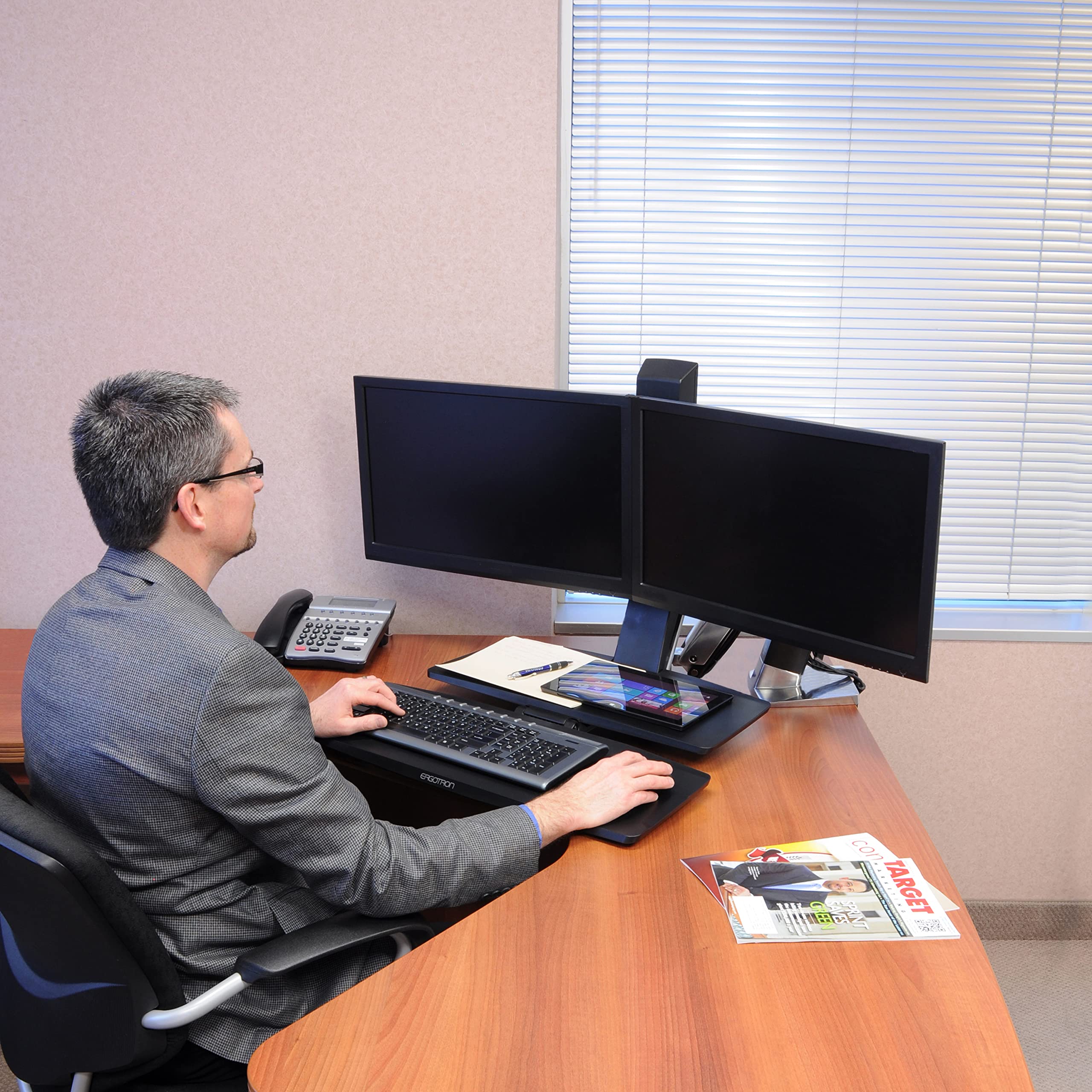 Ergotron � WorkFit A Dual Monitor Standing Desk Converter, Sit Stand Workstation for Tabletops � Level Keyboard Tray