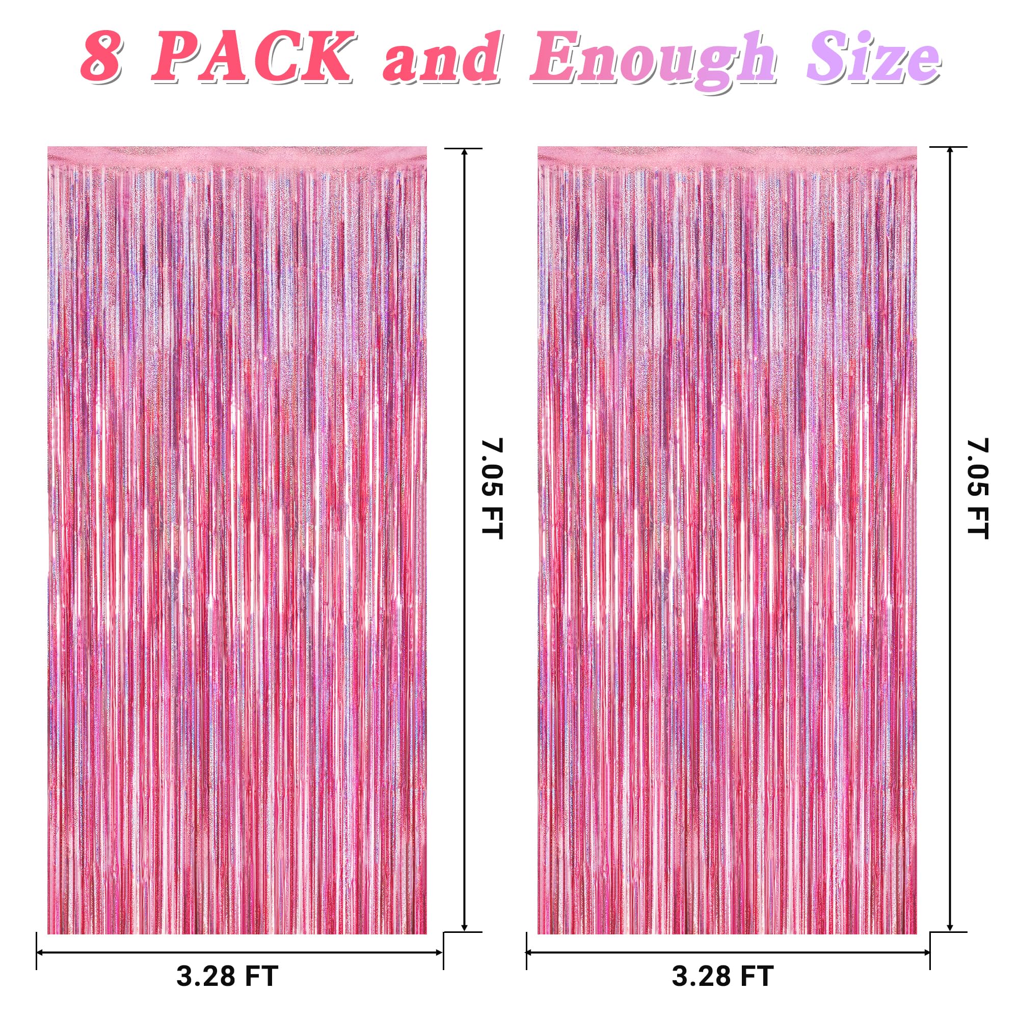 8 Pack Pink Backdrop, 3.28 Ft X 7.05 Ft Fringe Curtains, Metallic Glitter Pink Fringe Party Streamer Foil Curtains Tinsel Backdr
