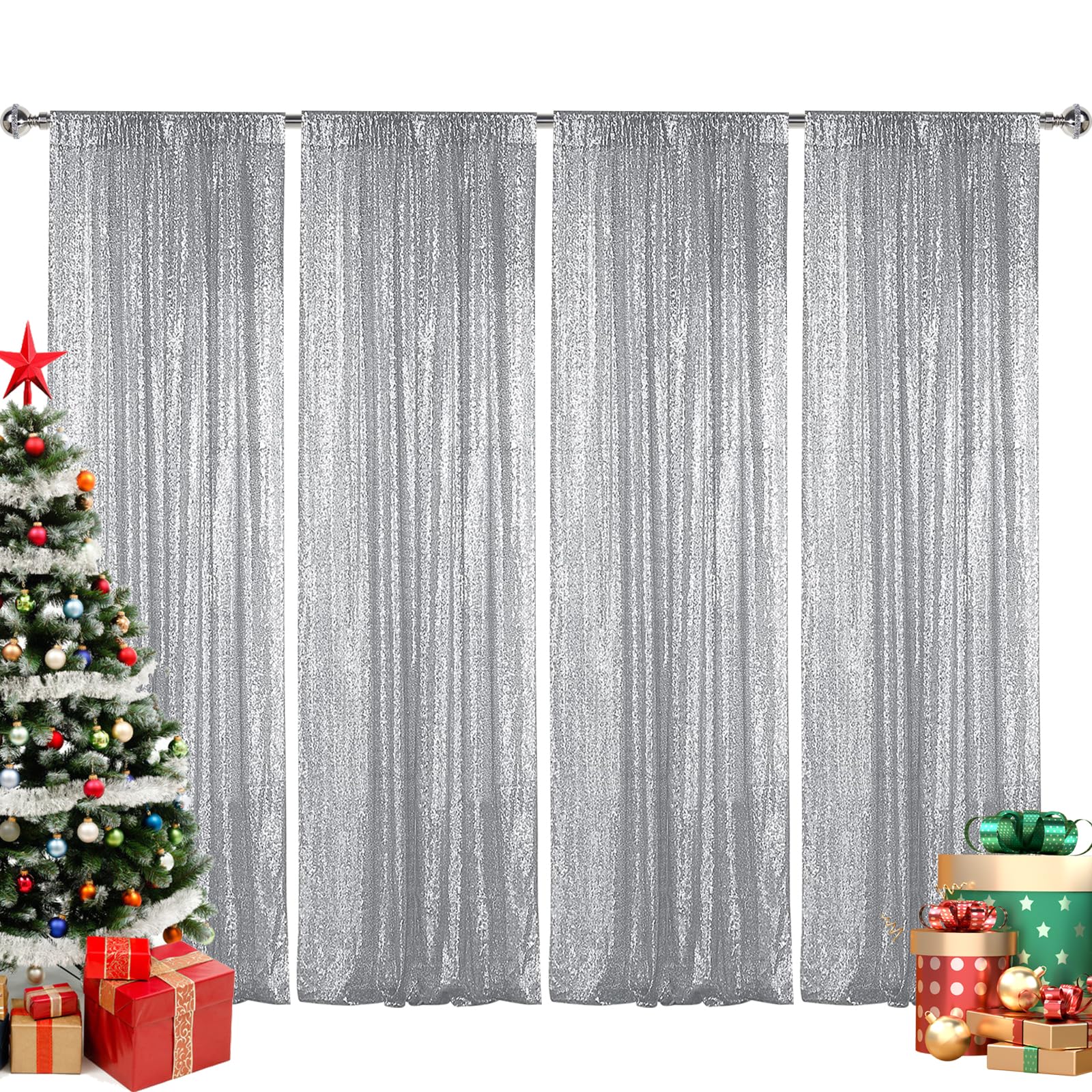 Sugargirl Silver Sequin Backdrop Curtain 4 Panels 2Ftx8Ft Glitter Silver Background Drapes Sparkle Photography Backdrop For Part
