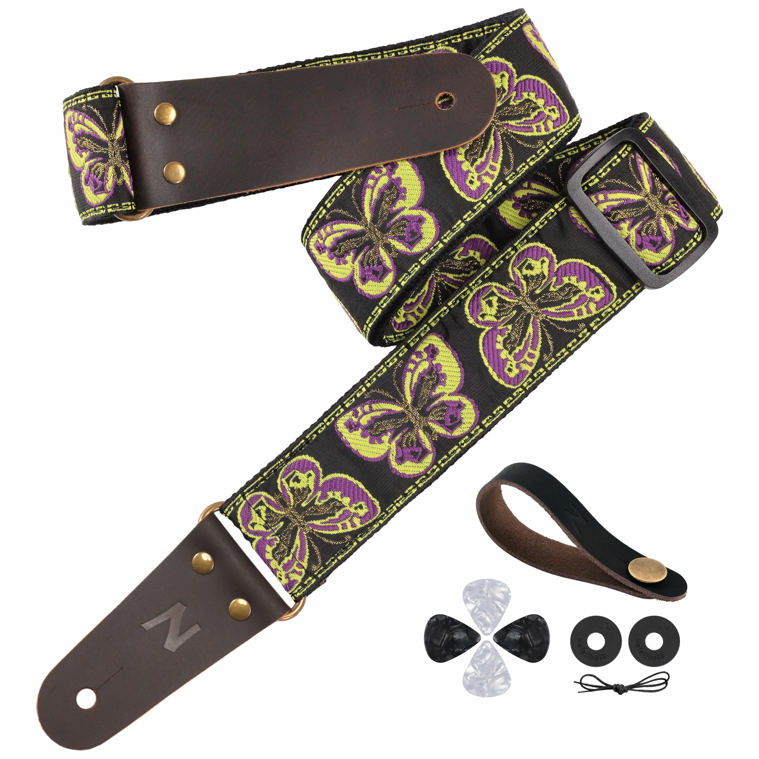 Nefelibata Guitar Strap, 2 Butterfly Embroidery Guitar Straps, Full Grain Leather Ends with Hidden Pocket, for Bass, Electric an