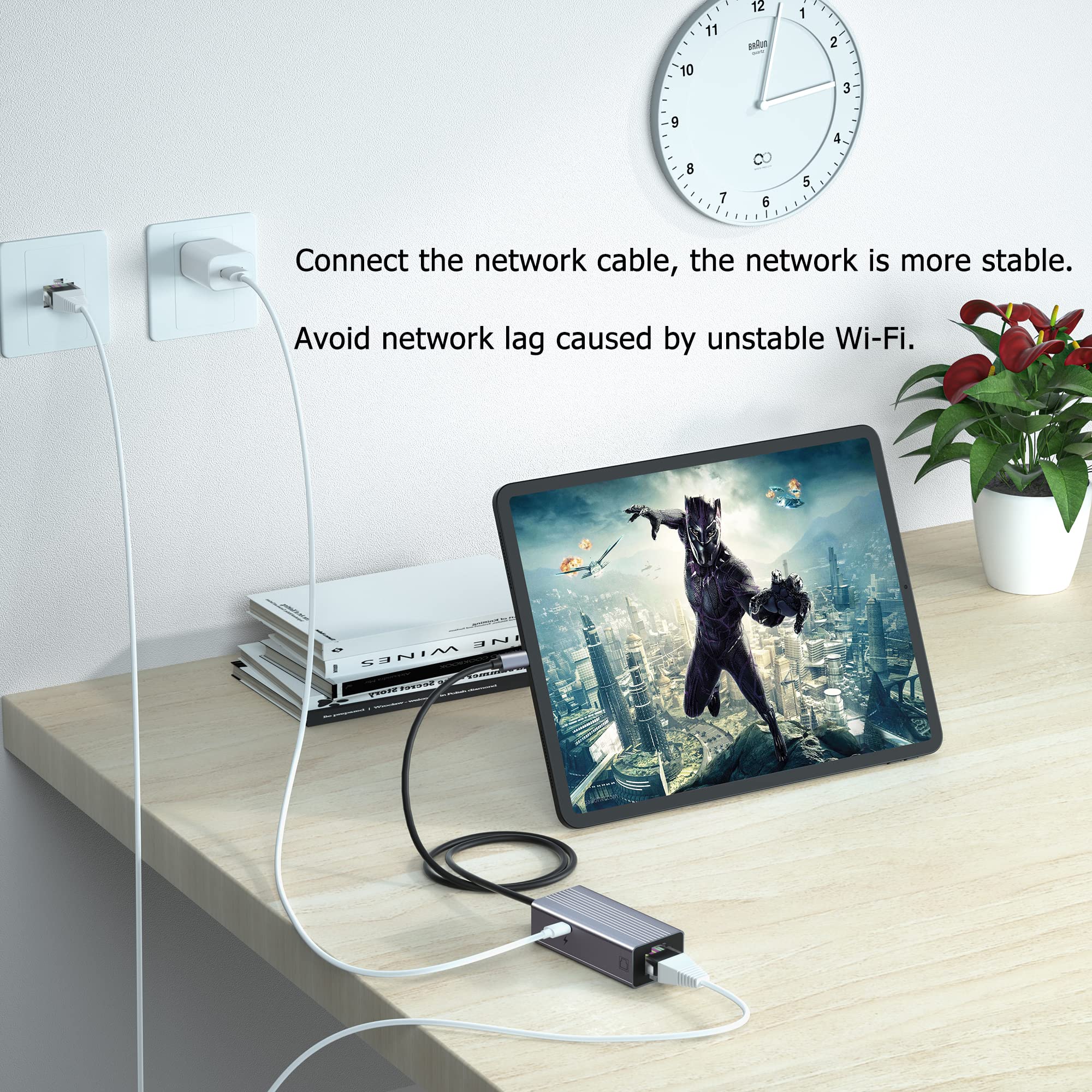 IVSHOWCO Lightning to Ethernet Adapter, MFi Certified, 100Mbps RJ45 LAN Network Adapter with Charging Port, 1.65Ft, Grey/Black