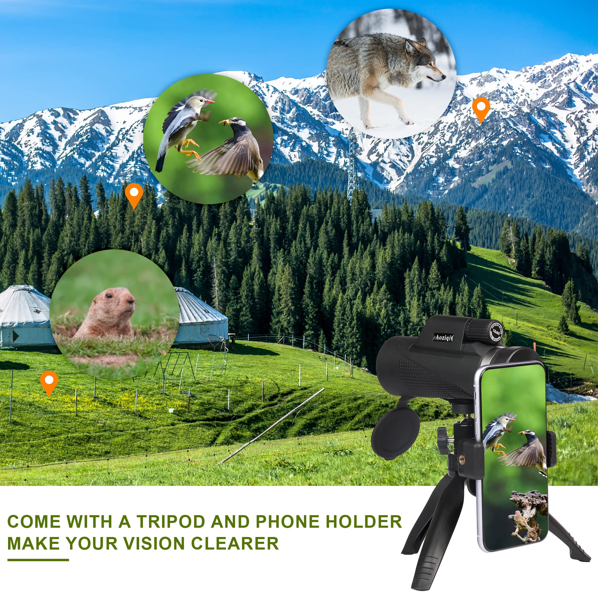 Aoziqi 12X55 Hd Monocular Telescope With Smartphone Holder, 2023 Waterproof Monocular, Lightweight Monocular For Bird Watching H