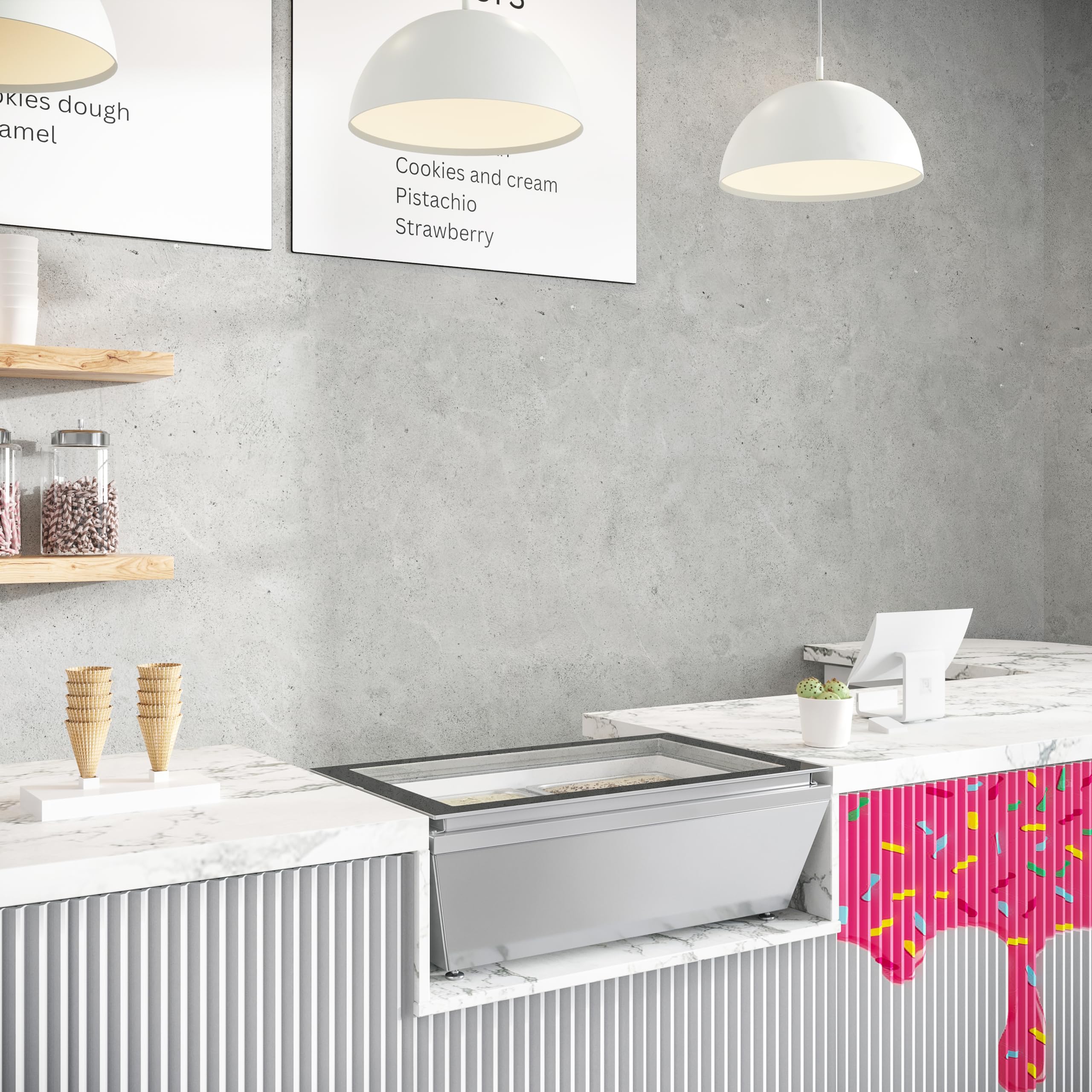 Koolmore Amz1-Gcdf-4P 31 In. Countertop Ice Cream Display Case With 4 Pans And Glass Sneeze Guard In Stainless-Steel