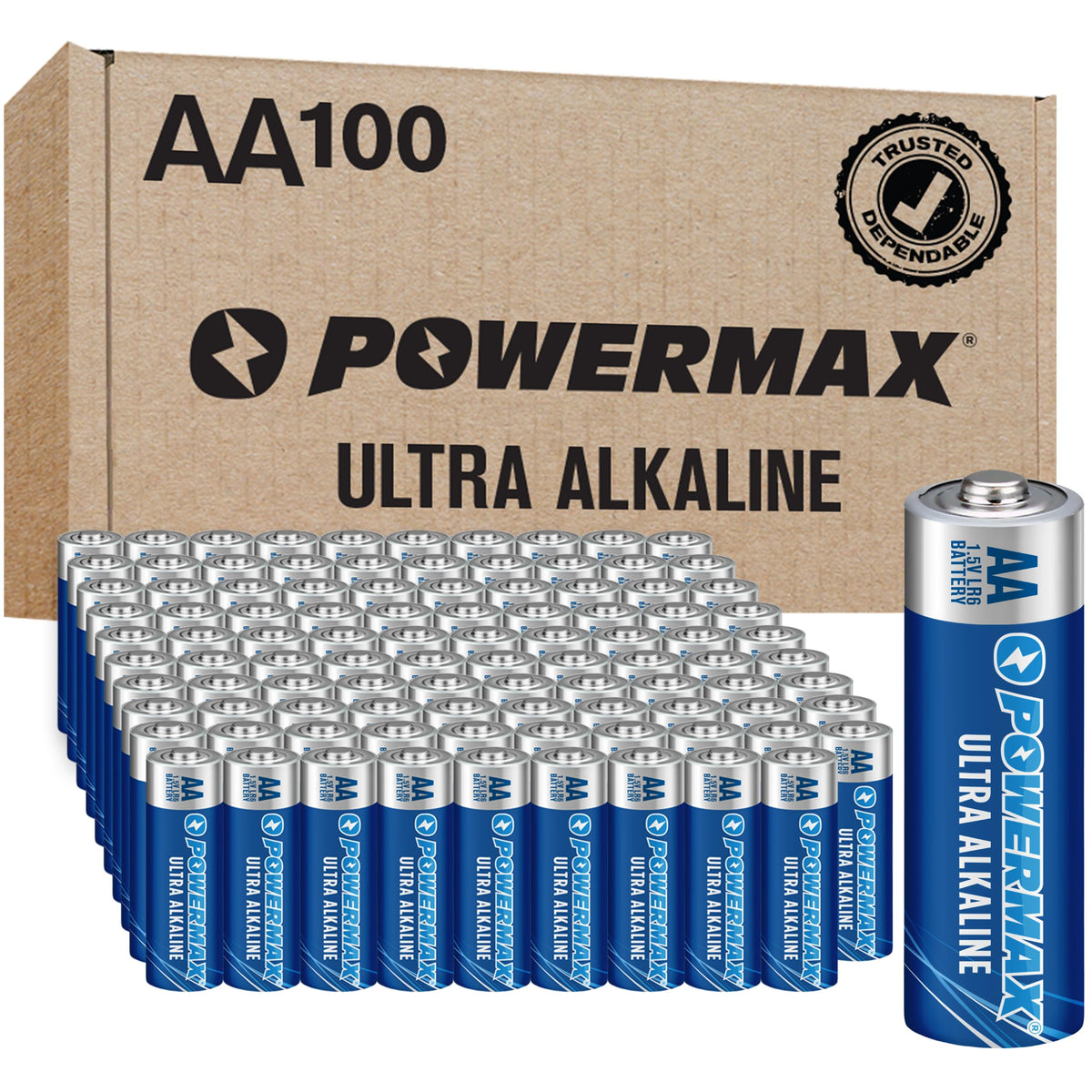 Powermax 100 Count Double Aa Batteries, Ultra Long Lasting Alkaline Battery, 10 Year Shelf Life, Reclosable Packaging