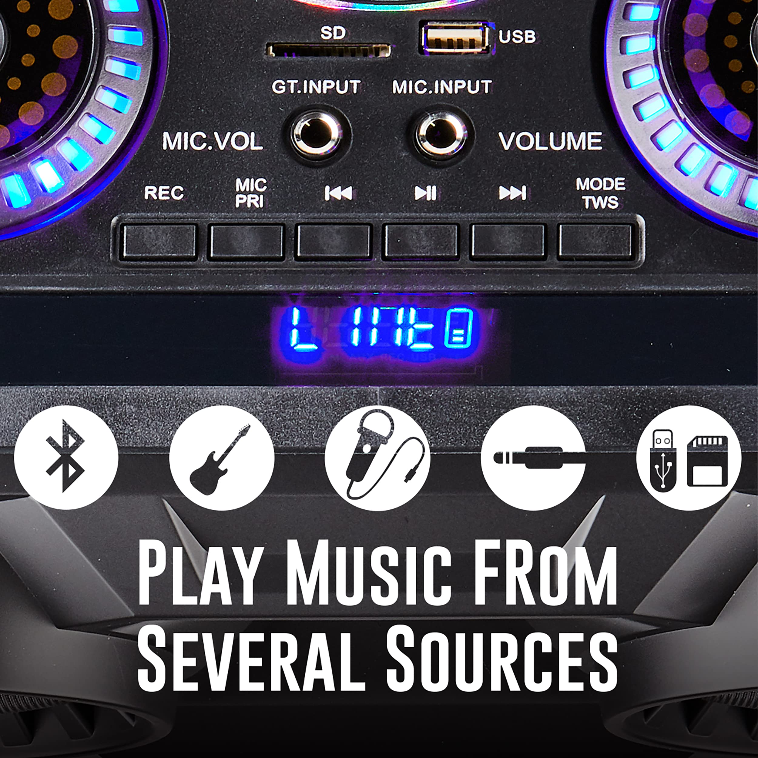 Qfx Pbx 1212 Bluetooth Rechargeable Dual 12� Woofer With 1� Tweeter Speaker System With Microphone Input, Guitar Input, Aux Input, Usb Port, Sd Card Port, Tws, Recording, Fm Radio, Led Party Lights