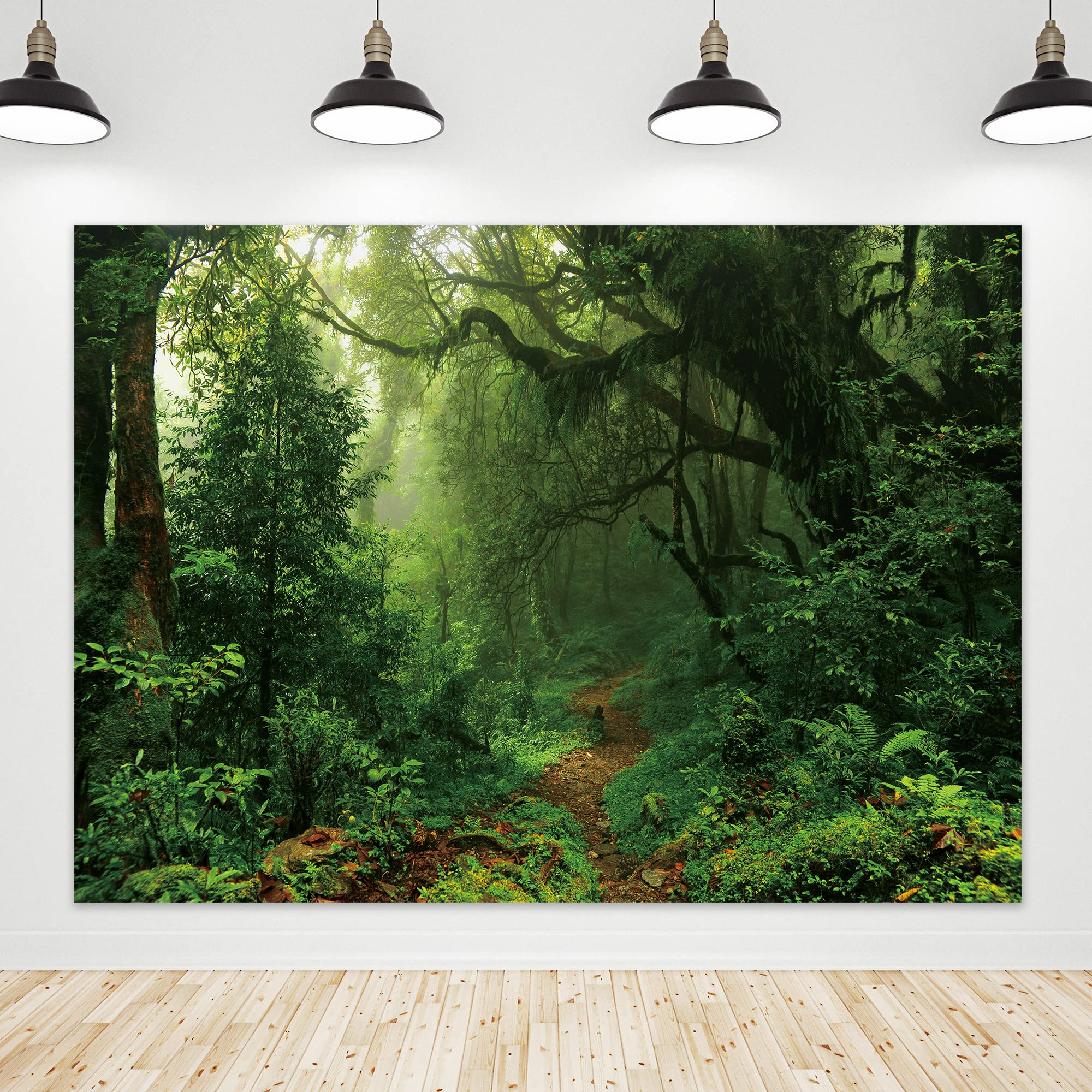 Riyidecor Jungle Rainforest Backdrop Fabric Polyester Spring Enchanted Nature Trees Green Dreamland Dirt Road Photography Background 7Wx5H Feet Decoration Props Party Photo Shoot Backdrop