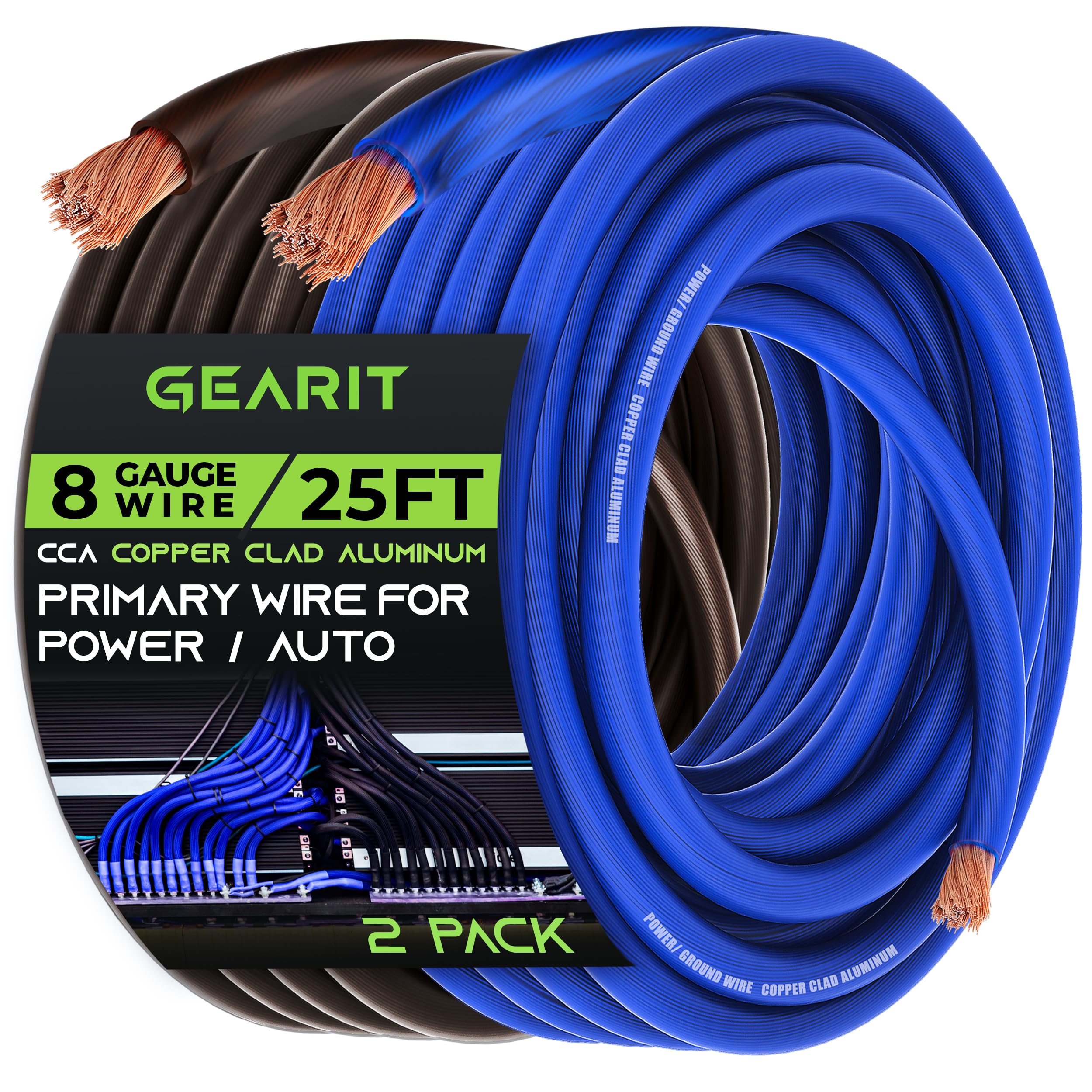 Gearit 8 Gauge Wire (25Ft Each   Black/Blue Translucent) Copper Clad Aluminum Cca   Primary Automotive Wire Power/Ground, Batter