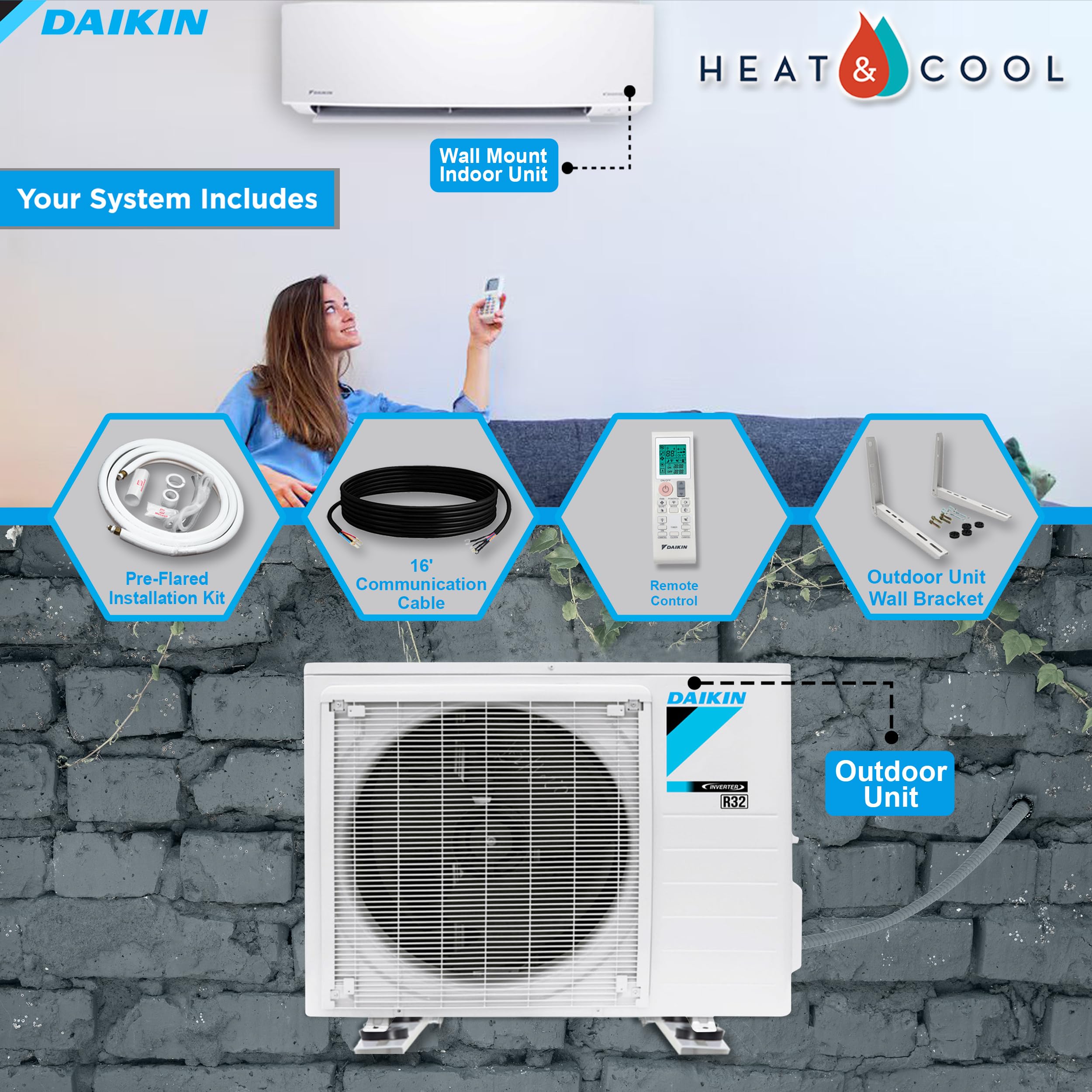 Daikin 12,000 Btu 18 Seer2 Entra R32 Series Ductless Mini Split Heat Pump System W/Maxwell All Inclusive 15 Installation Kit And