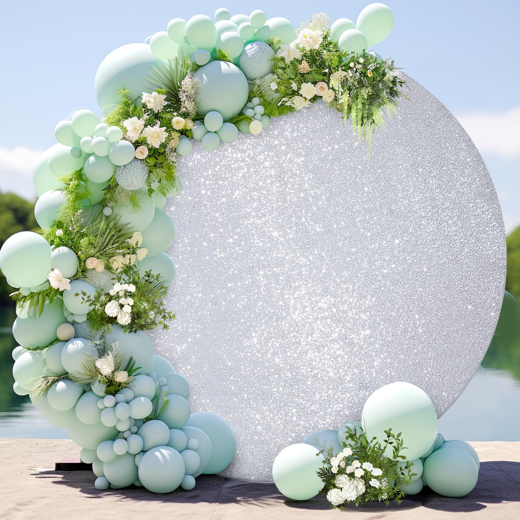Silver Sequin Round Backdrop Cover 6.5Ft Glitter Circle Backdrop Cover Beautiful Sparkle Photo Backdrop Balloon Arch Cover For B