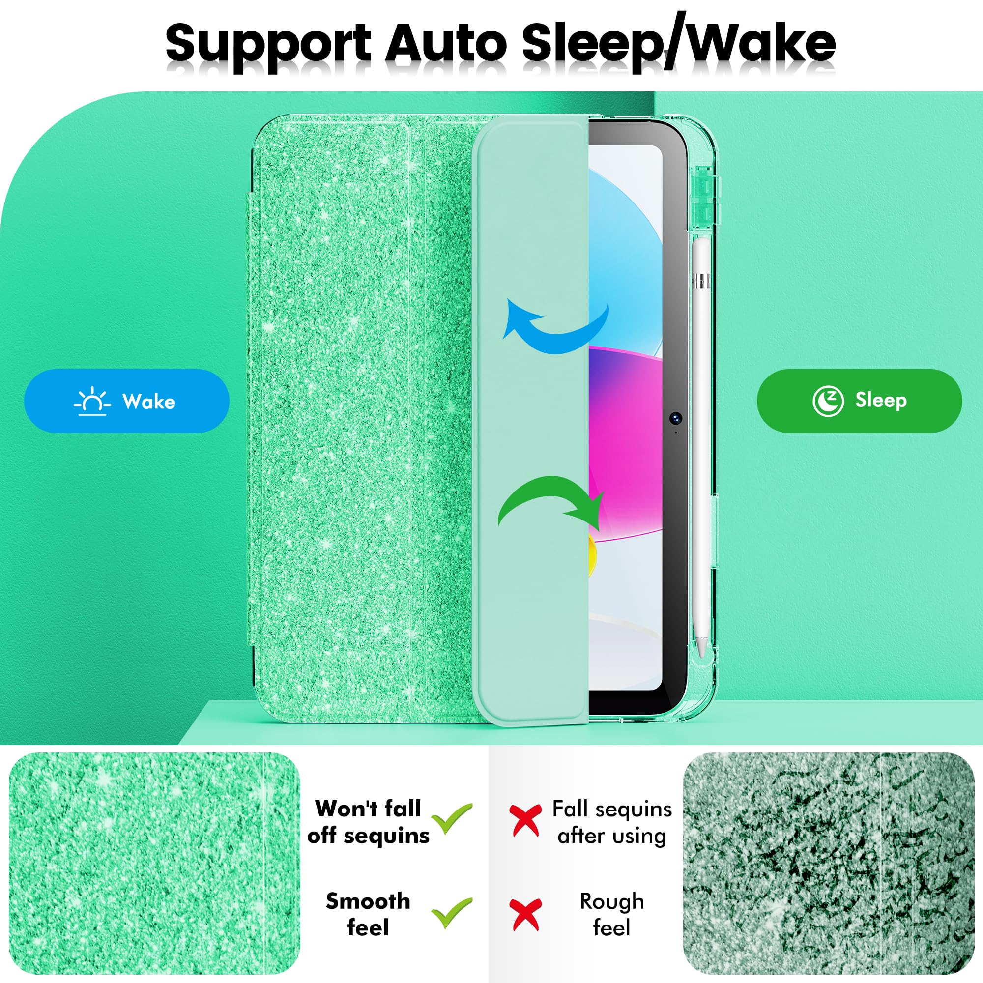 Infiland Compatible With Ipad 10Th Generation Case, Ipad Case 10Th Generation 10.9 Inch, Glitter Leather Cover With Sparkly Crystal Clear Back, Pencil Holder, Anti Yellowing (Seafoam Green)