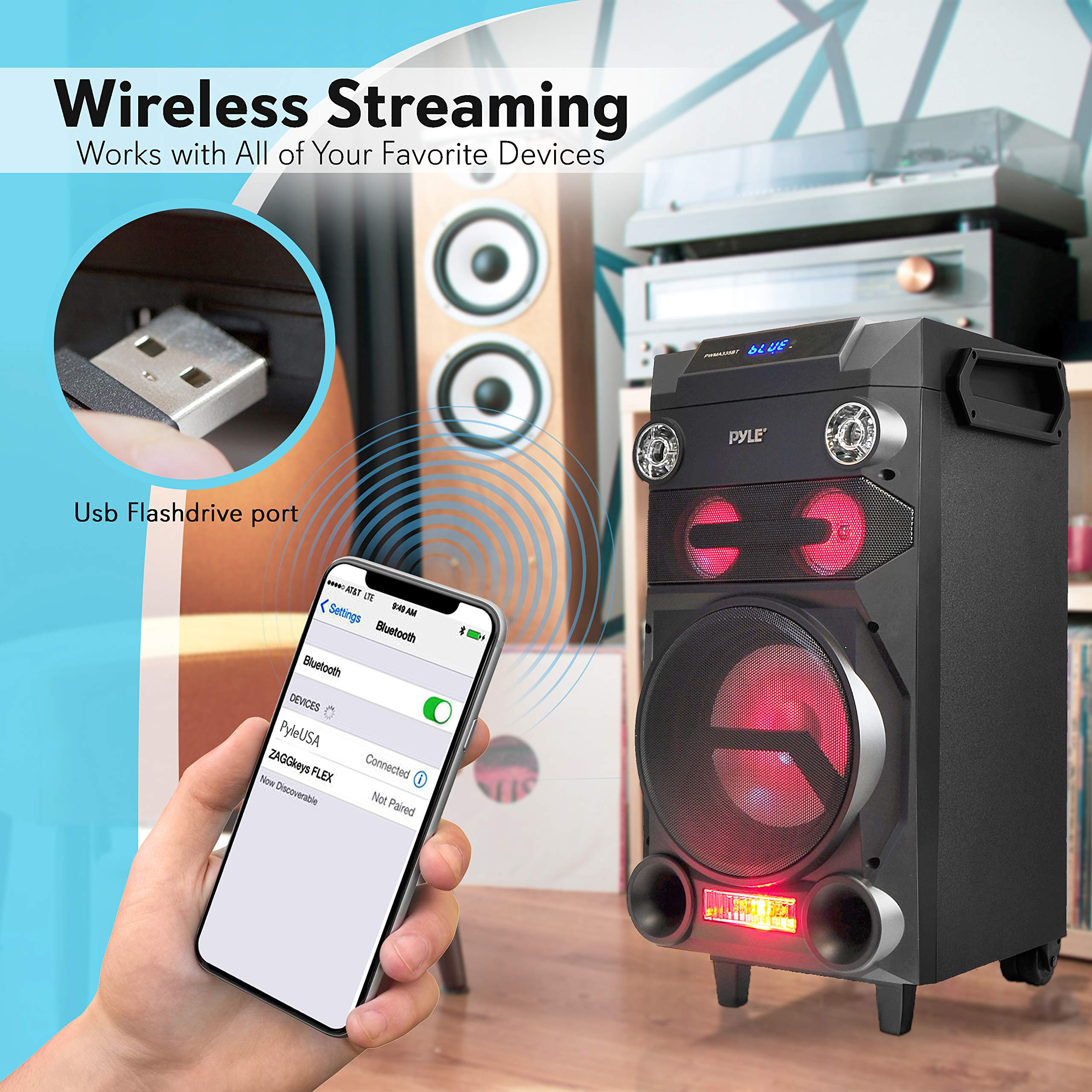 Pyle Portable Wireless Bluetooth Karaoke Pa Loud Speaker - 8 Subwoofer Sound System With Dj Lights, Rechargeable Battery, Fm R