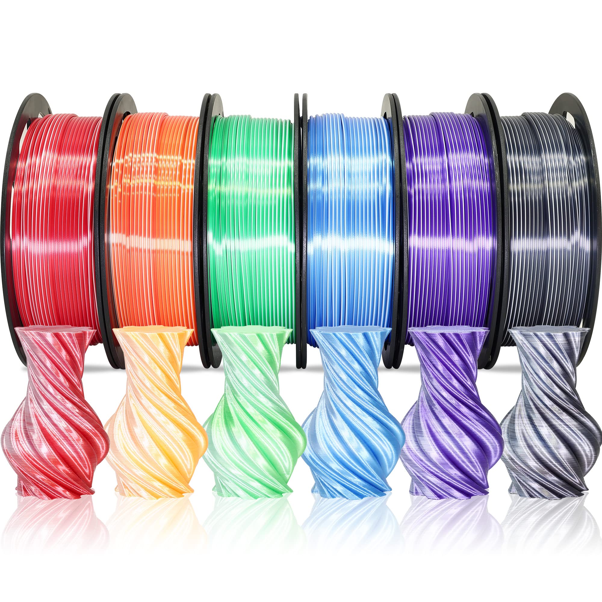 MIKA3D Dual Color 1.75mm 3D Printer Filament Bundle, Silk PLA 6 Spools Pack - White Red, Orange, Green, Blue, Purple, Black - 3D