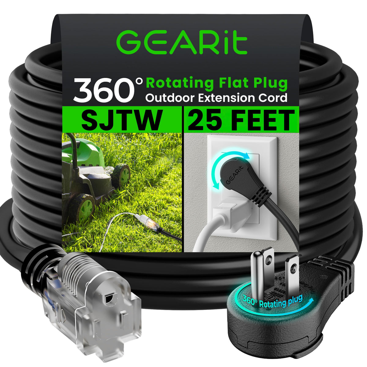 Gearit 360 Rotating Plug Indoor Outdoor Extension Cord Waterproof 25Ft   16 Gauge 16/3 Awg, 13A 1625W, 3 Prong Heavy Duty Extens