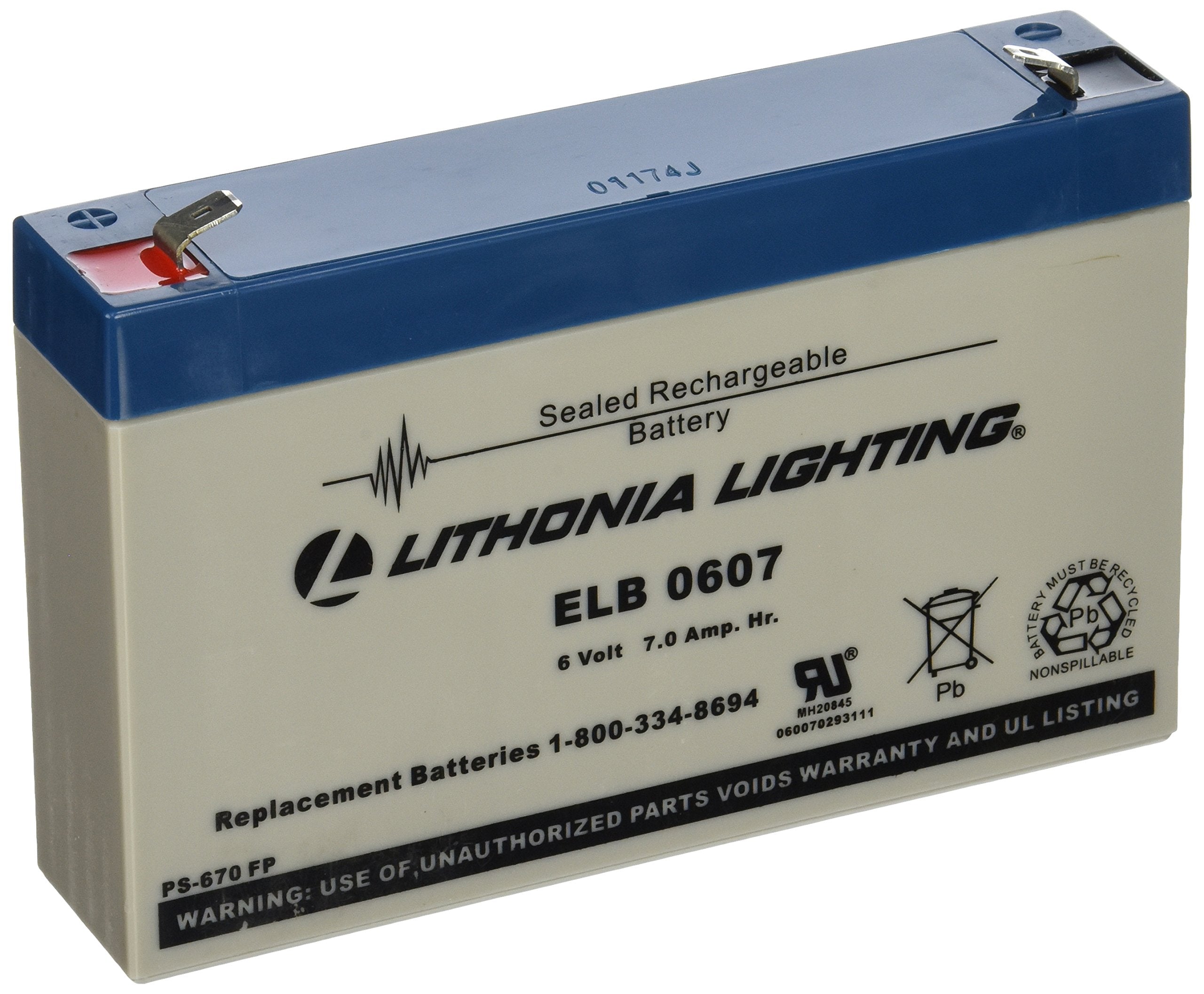 Lithonia Lighting Elb 0607 Rechargeable Emergency Replacement Battery, 250 Watts, 6 Volts, 7 Amp, White